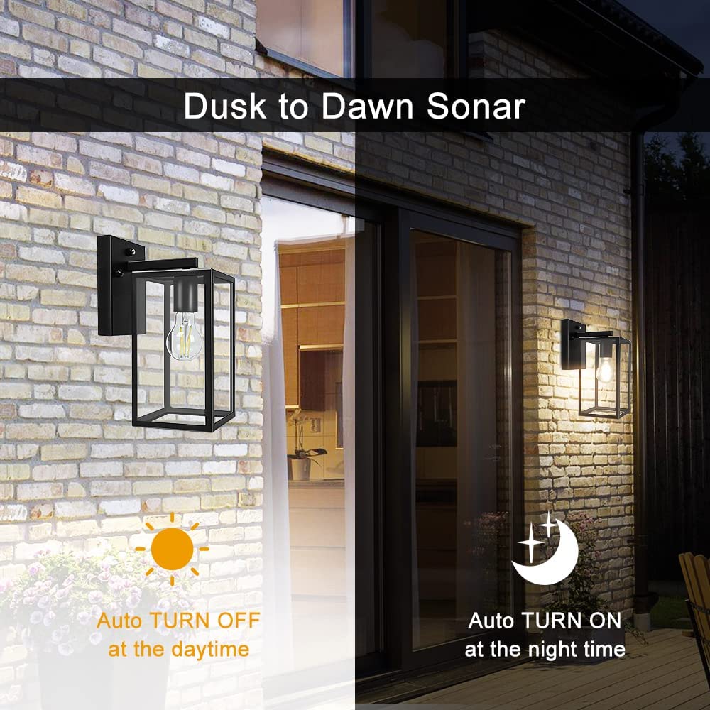 40W Outdoor/Indoor Wall Sconce with Dusk-to-Dawn Sensor - Matte Black Rust-Resistant Wall Lantern with Clear Glass Shade - Perfect for Garage, Doorway, Entryway, Patio & Backyard Lighting