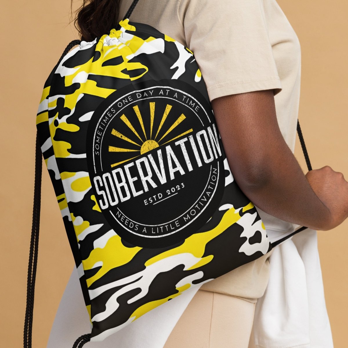 Sobervation Yellow Camo Drawstring Bag - Waterproof Reusable Gym Sack for Recovery Meetings, Outdoor Activities & Travel Essentials | Sobriety Support Gear for Men & Women