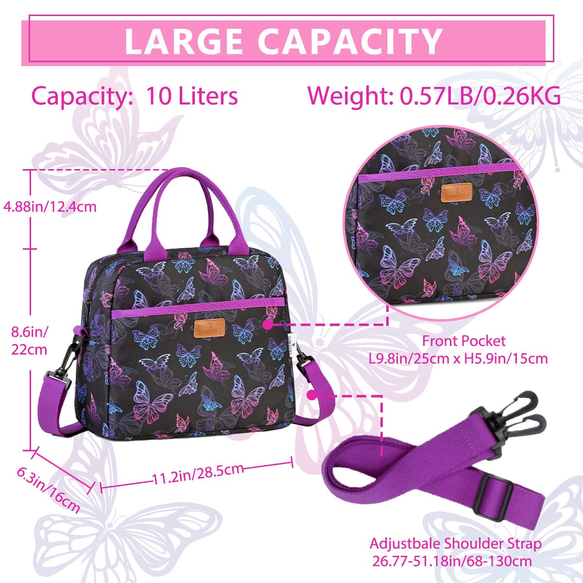 VONXURY Insulated Lunch Bag for Women - Thermal Lunch Tote with Removable Shoulder Strap, Butterfly Design | Perfect for Work, School & Picnics
