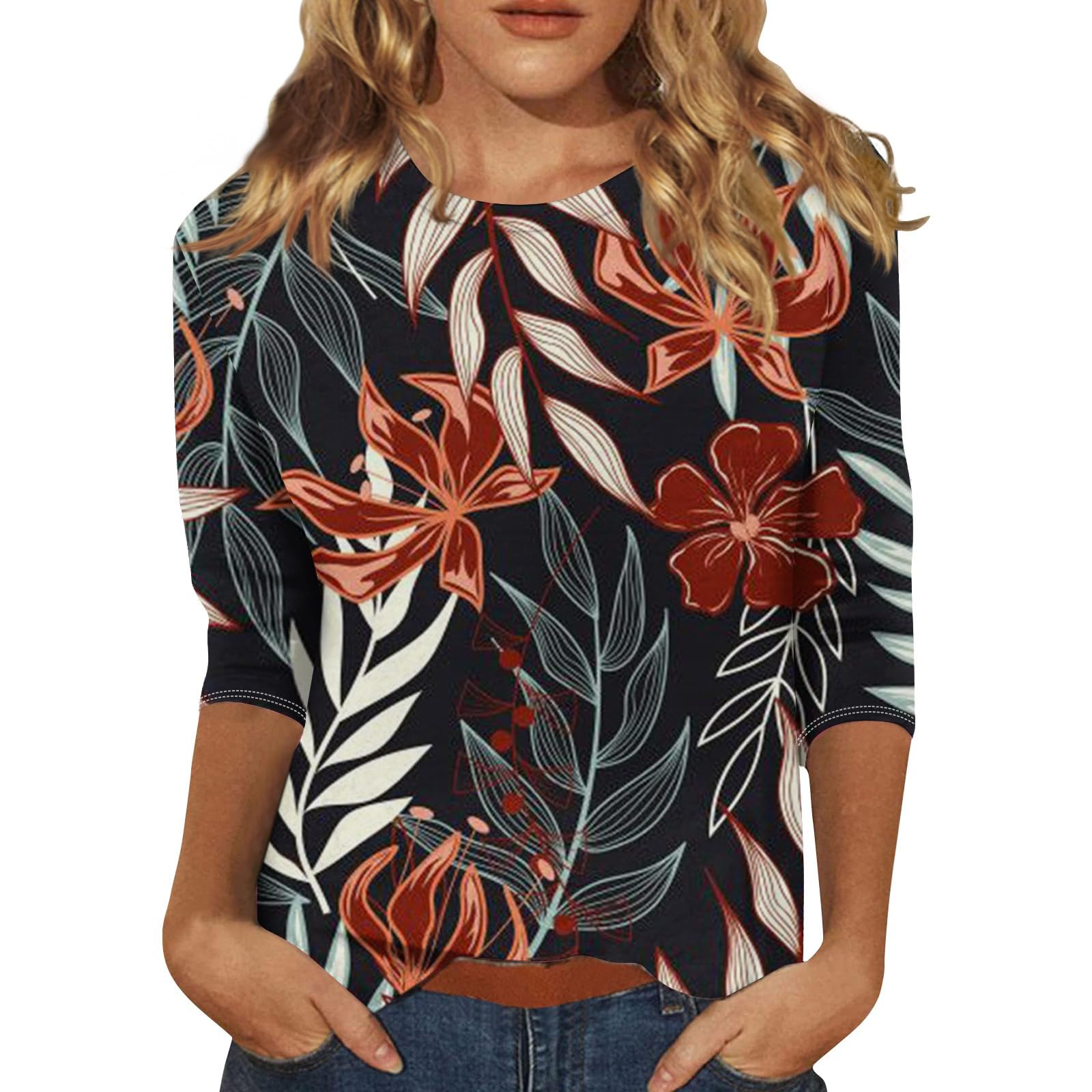 Women's 3/4 Sleeve Loose Hawaiian Shirt - Summer Crewneck Basic Tee Top for Casual Wear, Beach Vacation & Tropical Outfits