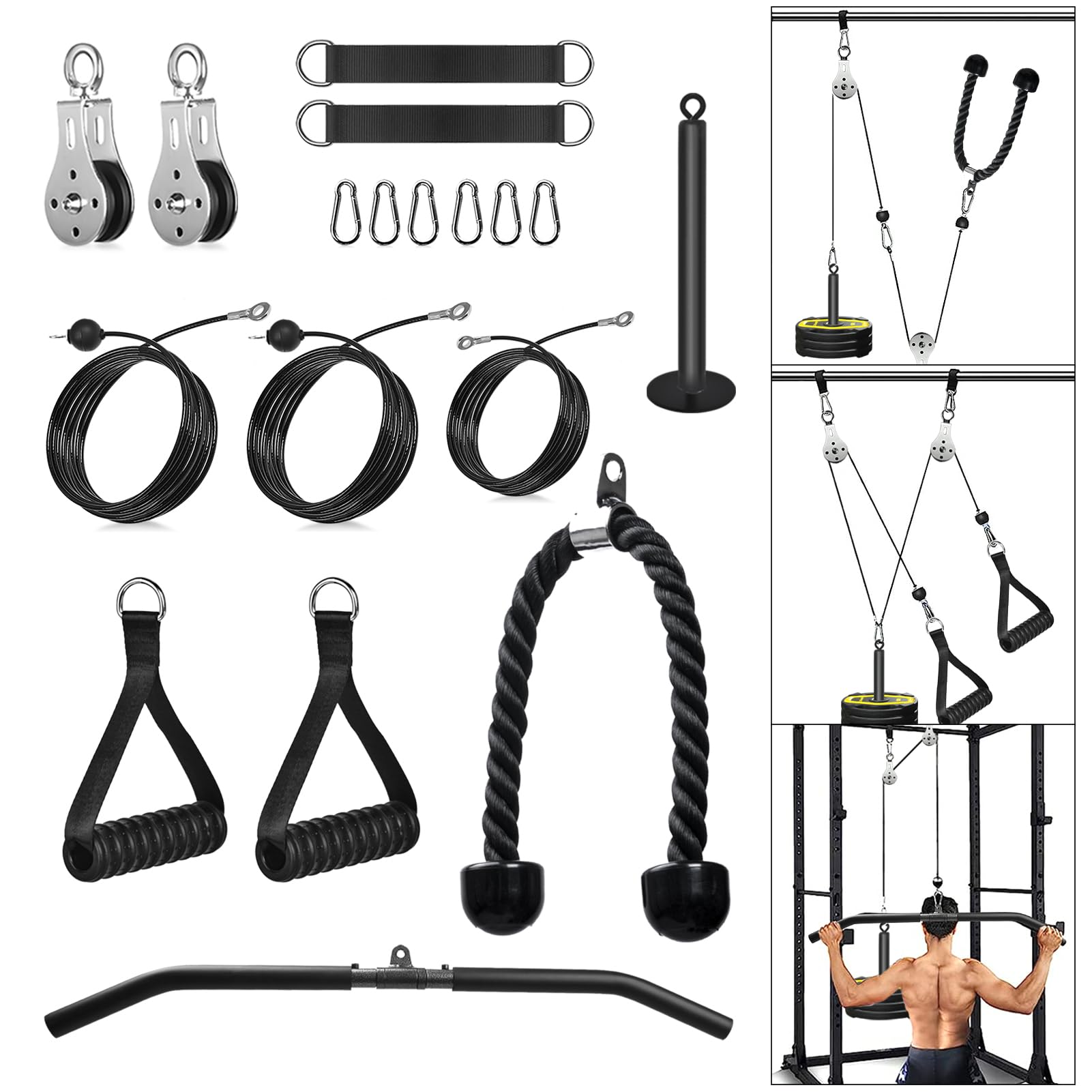 3-in-1 Cable Pulley System for Home Gym - LAT Pull Down Bar, Tricep Rope & Fitness Handle Attachments - Strength Training Equipment for Biceps Curl, Back Workouts & Full Body Exercises - Perfect for Home Fitness, Garage Gym & Cross Training