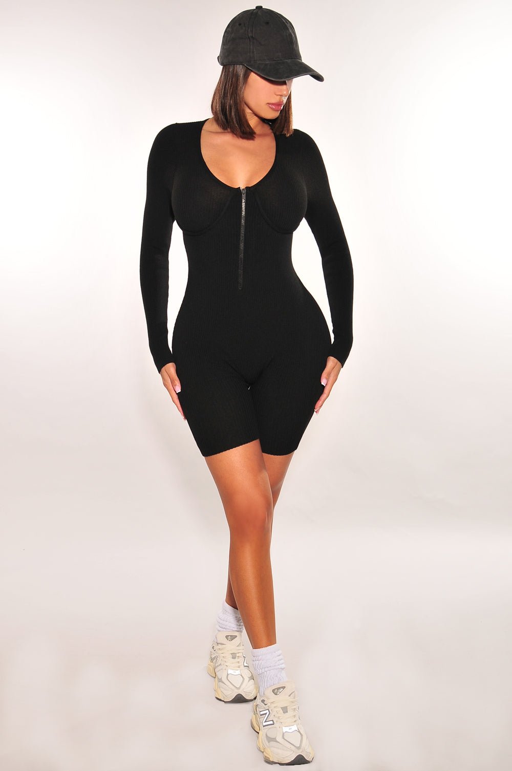 Black Ribbed Knit Faux Bustier Romper with Long Sleeves & Zipper - Women's Fashion Bodycon Jumpsuit for Night Out, Party & Date Night