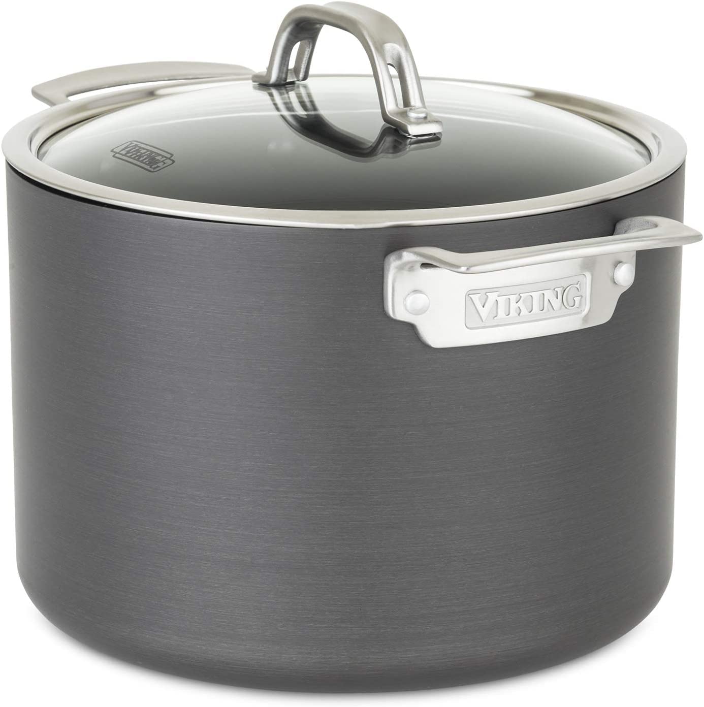 Viking 8 Quart Non Stick Stock Pot - Hard Anodized Nonstick Soup Cooking Pot with Glass Lid, Gray - Perfect for Soups, Stews, Pasta & Large Family Meals
