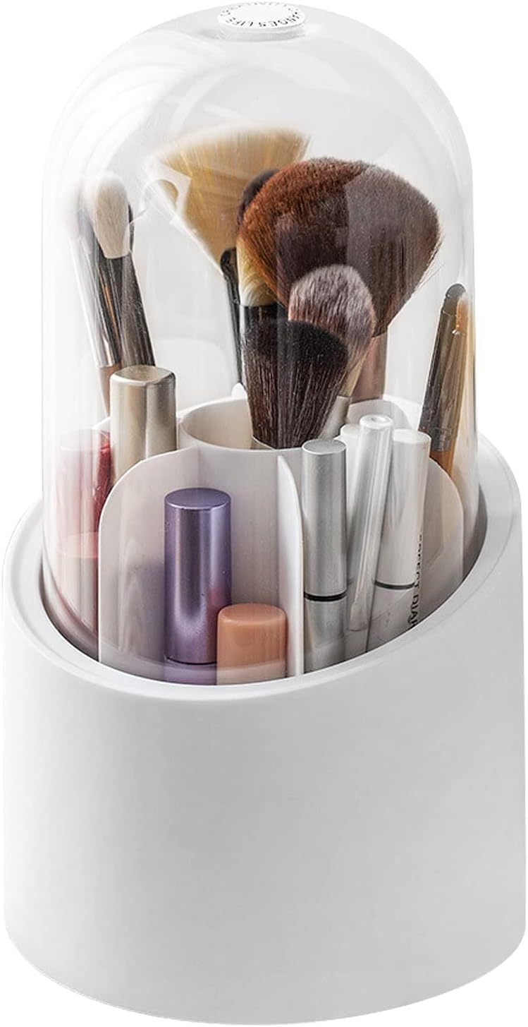 Rotating Makeup Brush Holder with Lid - Acrylic Cosmetic Organizer for Desk & Vanity