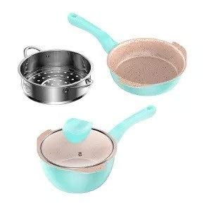 Non-Stick Maifan Stone Baby Food Cookware Set - Safe Soup Pot, Milk Pan & Omelette Pan for Infants | BPA-Free Children's Cooking Pots | Perfect for Homemade Baby Food, Toddler Meals & Family Cooking (Color: C)