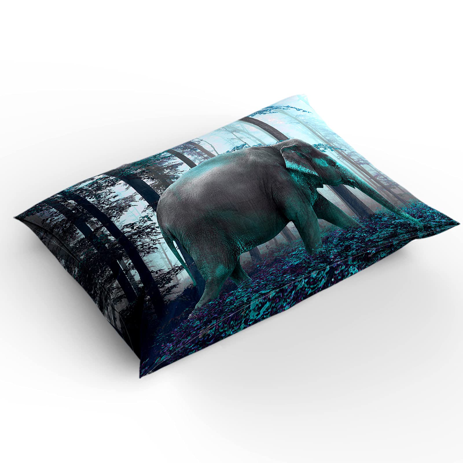 Premium Queen Duvet Cover Set - Elephant Print Autumn Thanksgiving Theme in Teal Green - Soft Comforter Cover with 2 Pillowcases for Teens, Kids & Adults | Perfect for Cozy Bedrooms, Guest Rooms & Dorm Decor