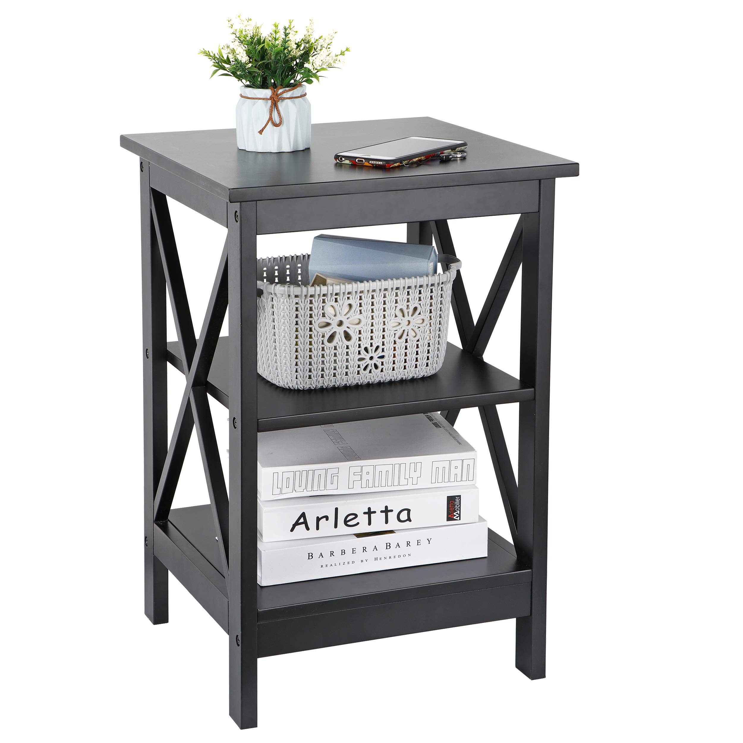 3-Tier Wooden X-Design End Table with Storage Shelves - Living Room Side Table, Bedroom Nightstand, Office & Yard Furniture for Home Decor