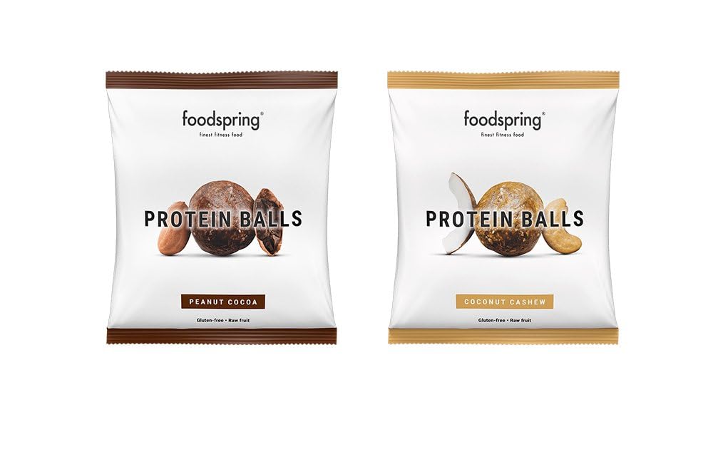 Foodspring Protein Balls Variety Pack - 12 Protein Snacks (40g Each) in Peanut-Cocoa & Cashew-Coconut Flavors - Healthy On-the-Go Snack for Fitness, Workouts & Office Energy Boost