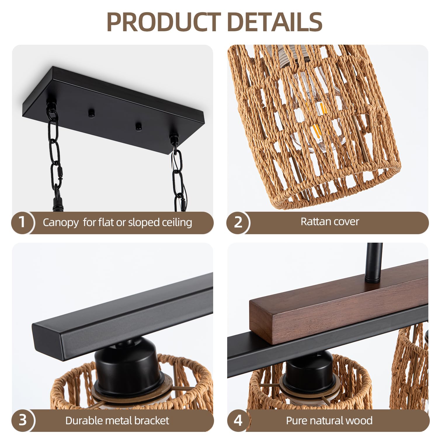 Rustic Rattan Farmhouse Chandelier - 5-Light Boho Dining Room Pendant Light with Adjustable Height, Wood & Matte Black Linear Hanging Fixture for Kitchen Island, Dining Table, or Living Room Decor