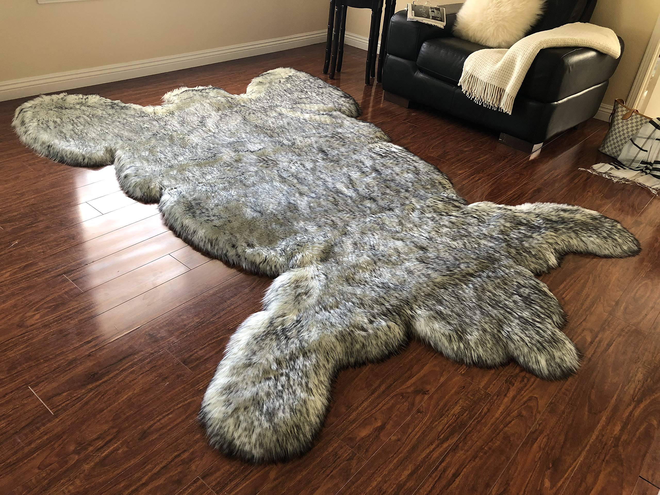 LAMBZY Hypoallergenic Faux Sheepskin Rug - Super Soft Faux Bear Fur Shaggy Carpet (6x9 Feet, White with Black Tips) - Perfect for Living Room, Bedroom & Nursery Decor