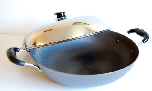 13.5 Inch Iron Wok with Stainless Steel Cover - Double Handle Flat Bottom Stir Fry Pan for Home Cooking, Asian Cuisine & Professional Chefs