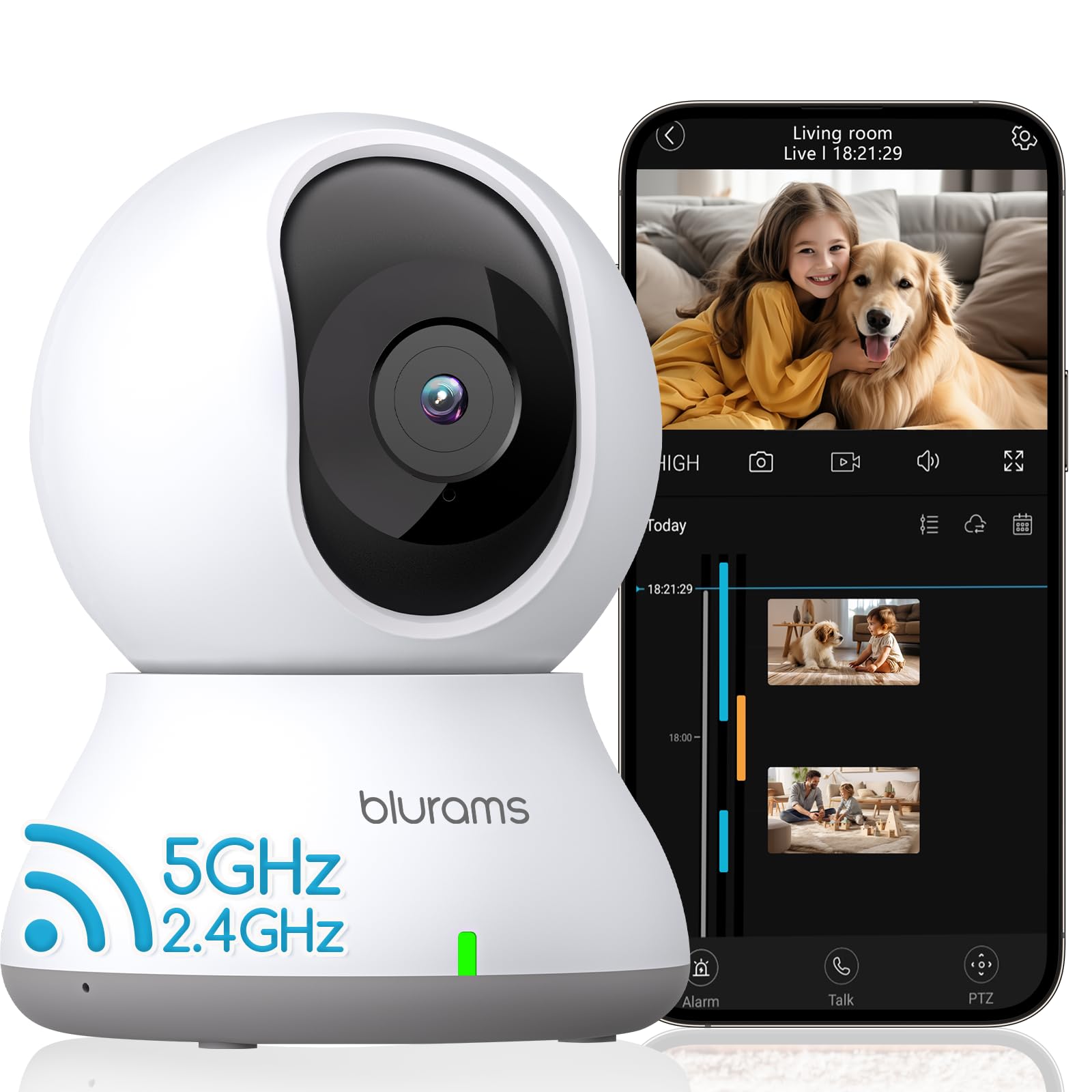 Blurams 2K Indoor Security Camera with 360° PTZ, 5GHz/2.4GHz Dual-Band WiFi, Motion Tracking, 2-Way Audio, IR Night Vision & Siren - Pet Monitoring & Home Security Camera for Dogs, Cats & Baby Safety (Cloud/SD Storage) - Perfect for Nursery, Living Room & Office Surveillance