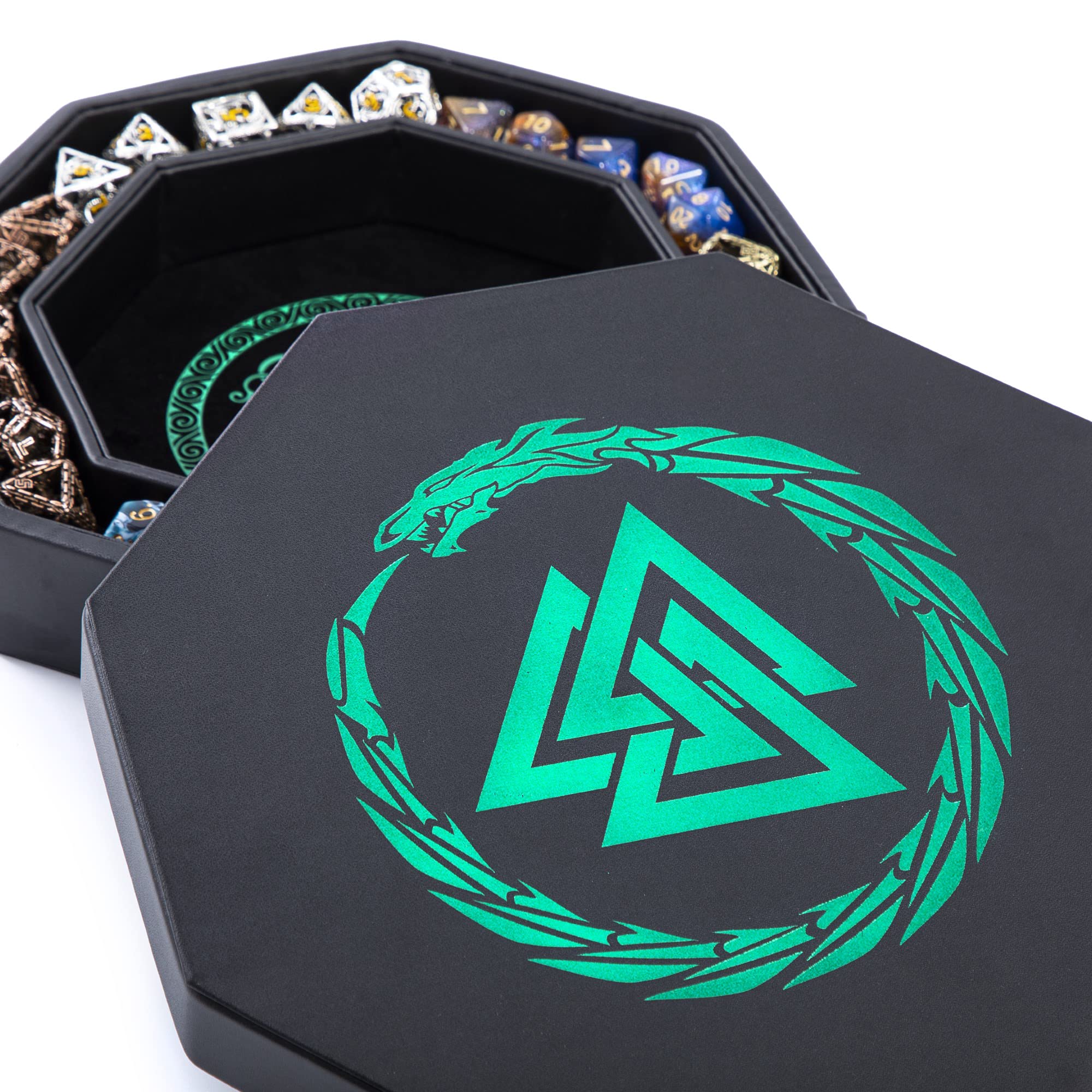 Premium 8 Inch Dice Rolling Tray for DND & Tabletop RPGs - Viking Valknut & Dragon Design with Storage Box - Perfect for Dungeons & Dragons, Pathfinder, MTG - Protect Your Dice During Game Nights & Travel