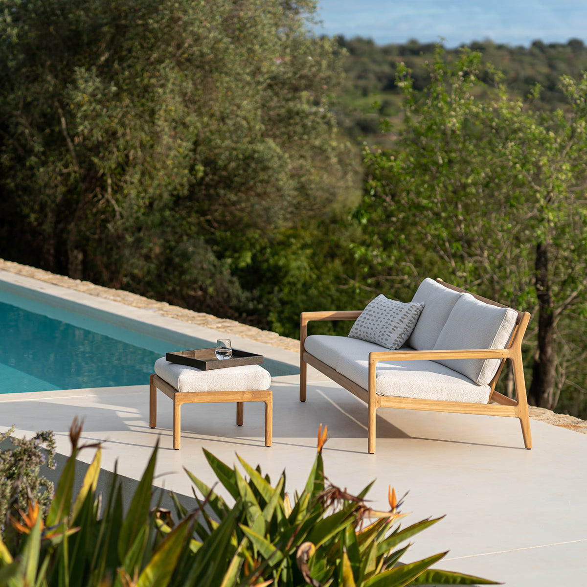Outdoor Fabric 3-Seater Sofa with Teak Frame in Off White - Perfect for Patio, Garden, and Poolside Relaxation