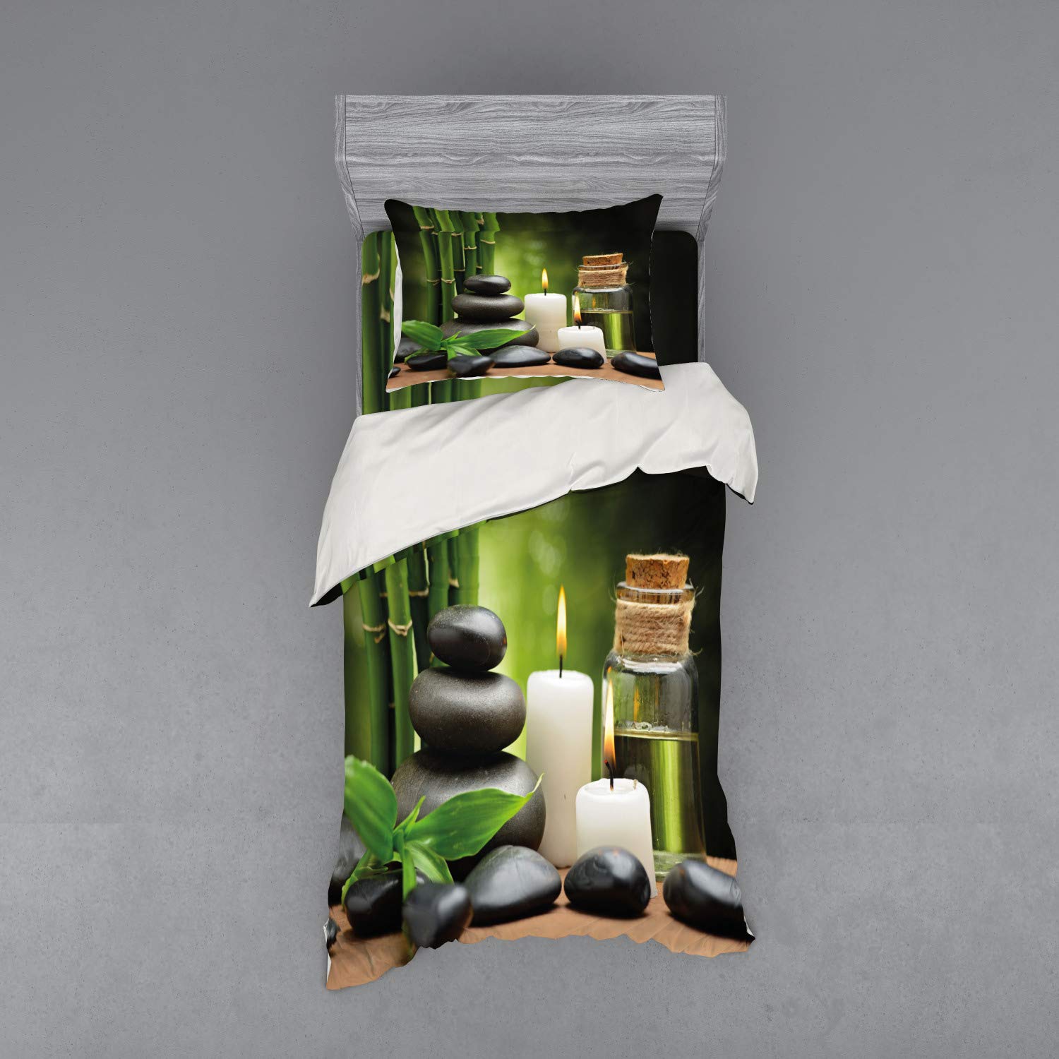 Ambesonne Spa Themed 3-Piece Duvet Cover Set - Exotic Rocks, Candles & Tropical Trees Print on Blurred Background, Twin Size White Black Green Bedding with Sham & Fitted Sheet | Perfect for Relaxing Spa Nights, Tropical Bedroom Decor & Cozy Guest Room Setup