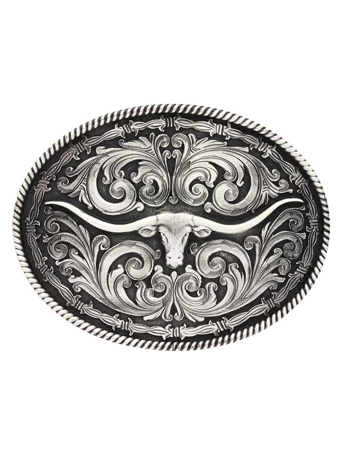 Montana Silversmiths A550S Silver Rope & Barbed Wire Longhorn Western Belt Buckle - Perfect for Cowboy Boots, Jeans & Western Fashion Outfits