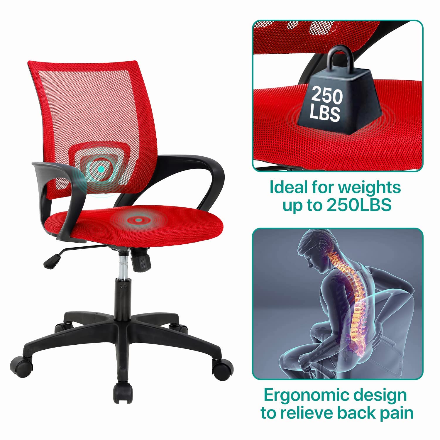 Ergonomic Office Chair with Adjustable Height, Mesh Back & Wheels - Comfortable Computer Desk Chair for Adults & Kids, Home & Office Use - Red