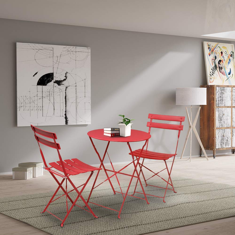 Premium 3-Piece Foldable Steel Outdoor Dining Set - Round Table & Chairs for Patio, Balcony, Garden, Lawn, Porch | Weather-Resistant Red Leisure Furniture for Dining, Relaxing & Social Gatherings