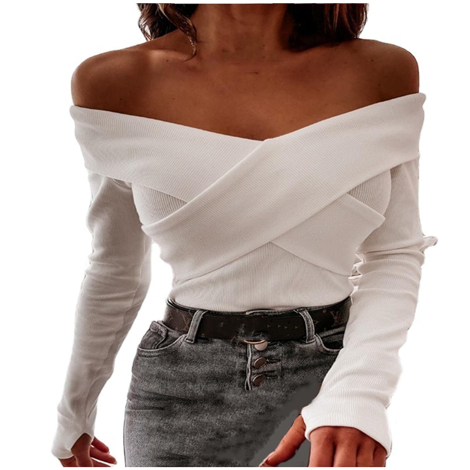 Women's Long Sleeve Ribbed Sweatshirt - Sexy Wrap Criss Cross One Shoulder V Neck Pullover for Fall & Winter | Casual Outfits, Date Night, Layering