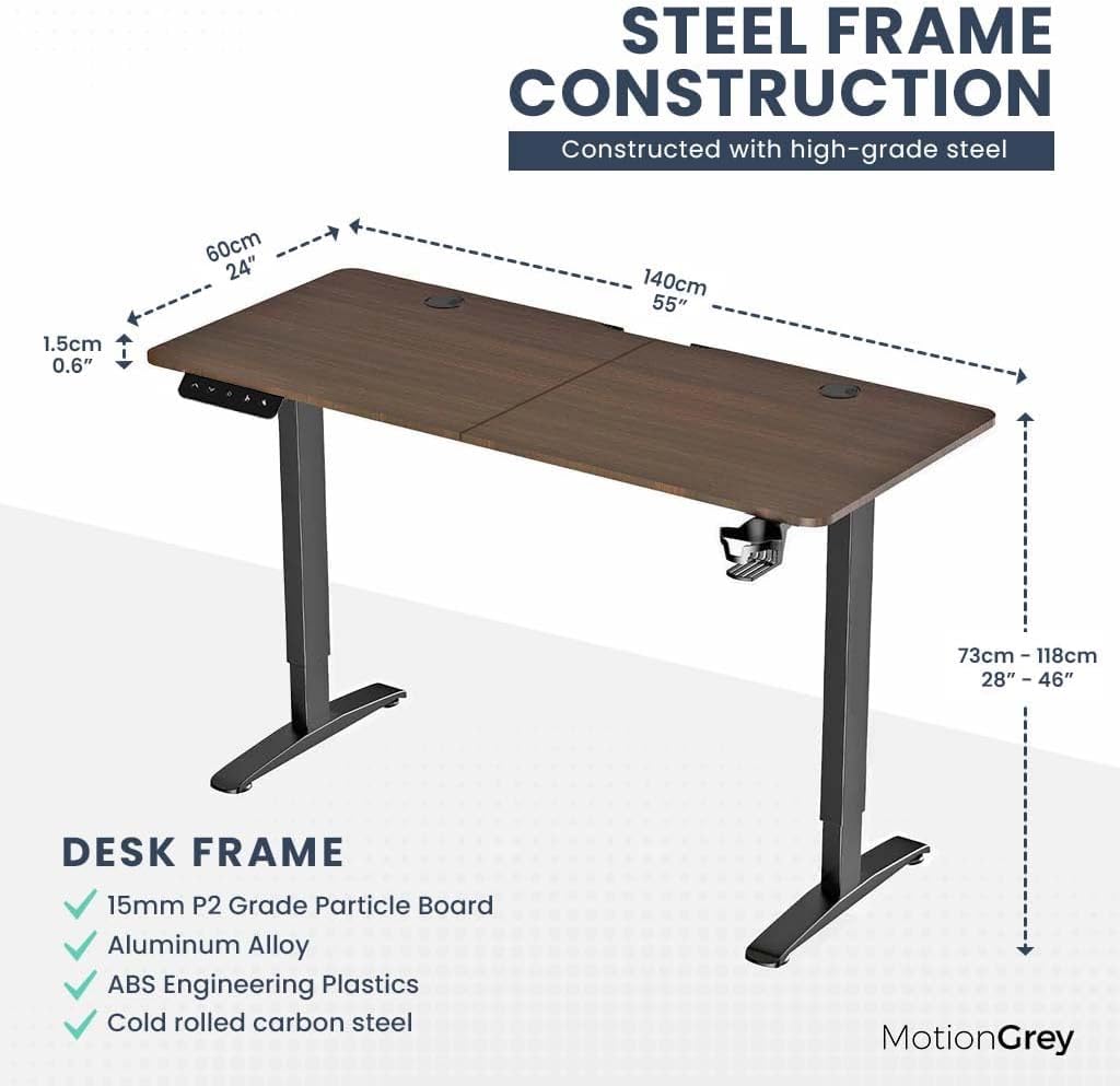 MotionGrey 55 x 24 Inch Electric Height Adjustable Standing Desk - Single Motor Black Frame with Table Top | Ergonomic Sit Stand Workstation for Home & Office | Perfect for Remote Work, Gaming & Study