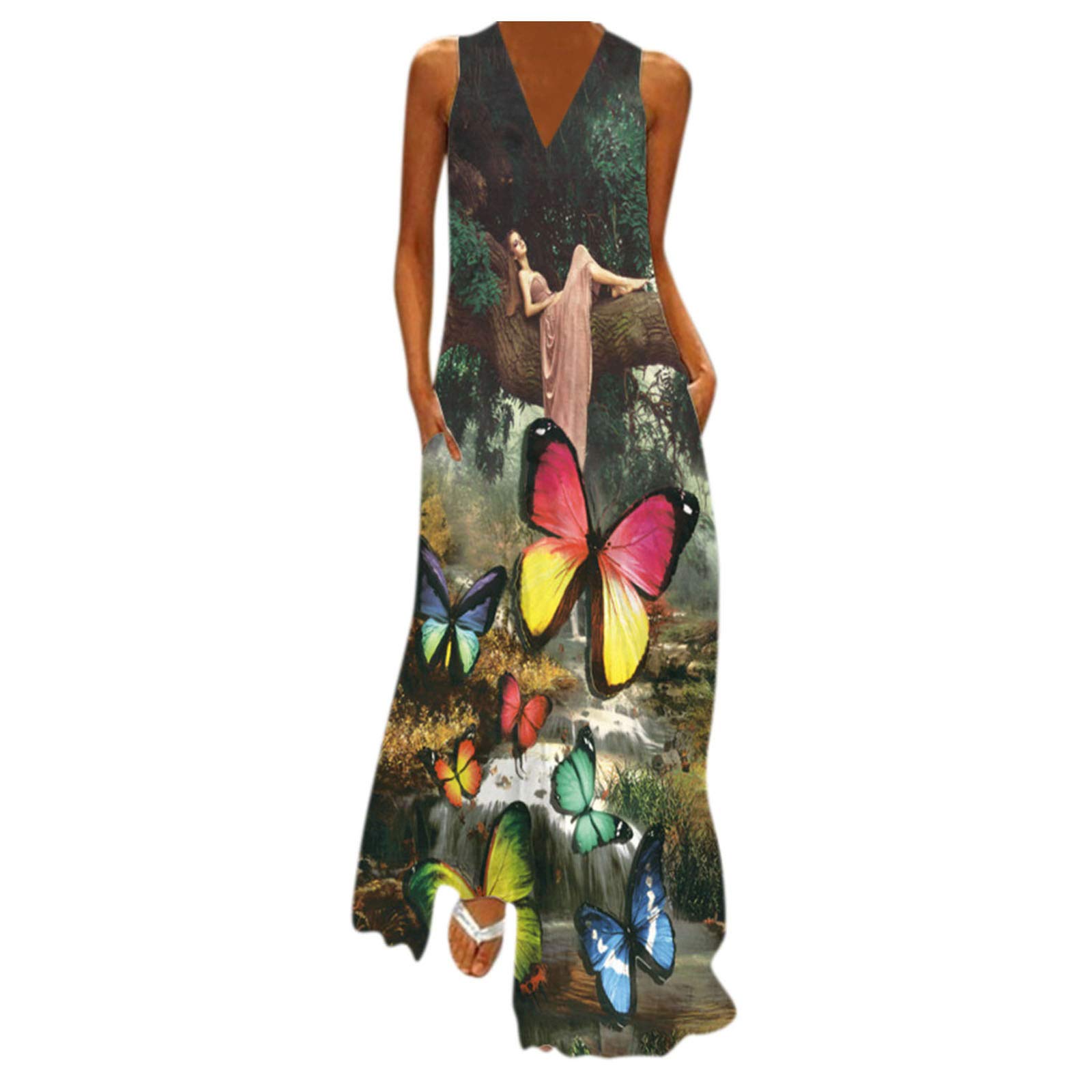 Nulairt Women's Sleeveless Tie-Dye V-Neck Maxi Dress with Pockets - Casual Loose Fit Long Summer Dress for Beach, Vacation & Everyday Wear