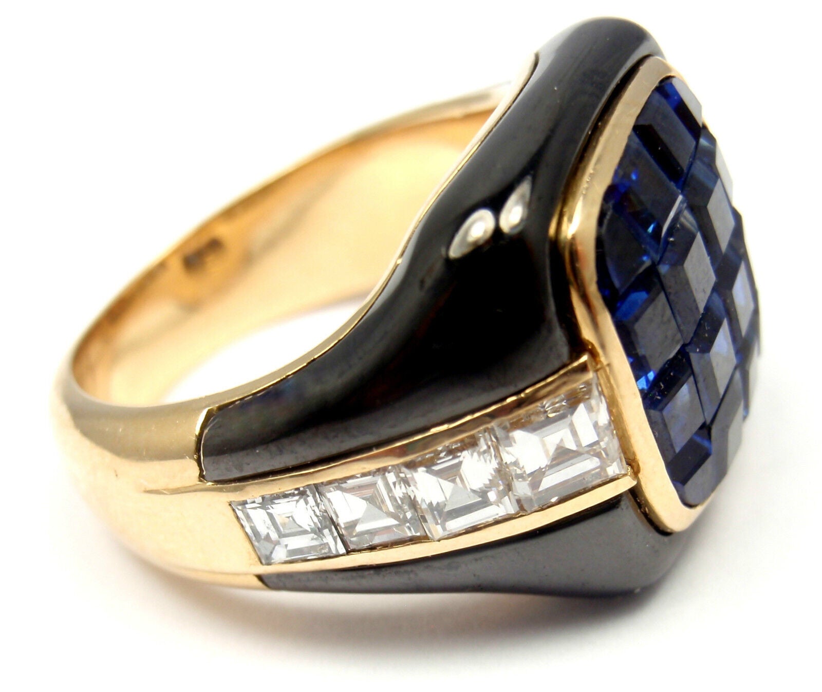 Authentic Piaget 18k Yellow Gold Diamond Invisible Set Sapphire Enamel Ring | Luxury Jewelry for Weddings, Anniversaries & Special Occasions