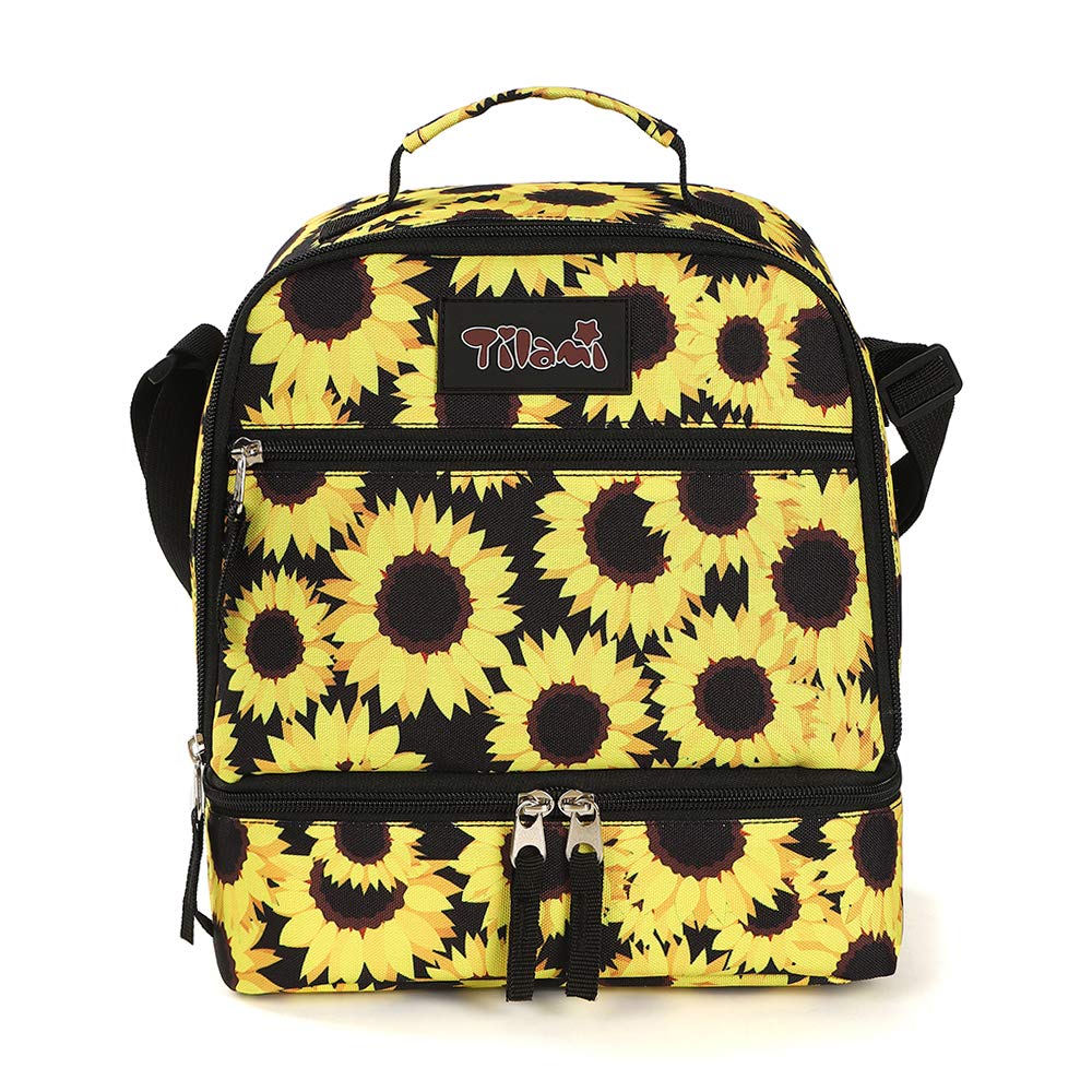 Insulated Lunch Bag with Adjustable Strap & Zipper - 2 Compartment Cooler Bag for Kids & Toddlers - Bento Box Carrier - Sunflower Design - Perfect for School, Picnics & Outdoor Activities
