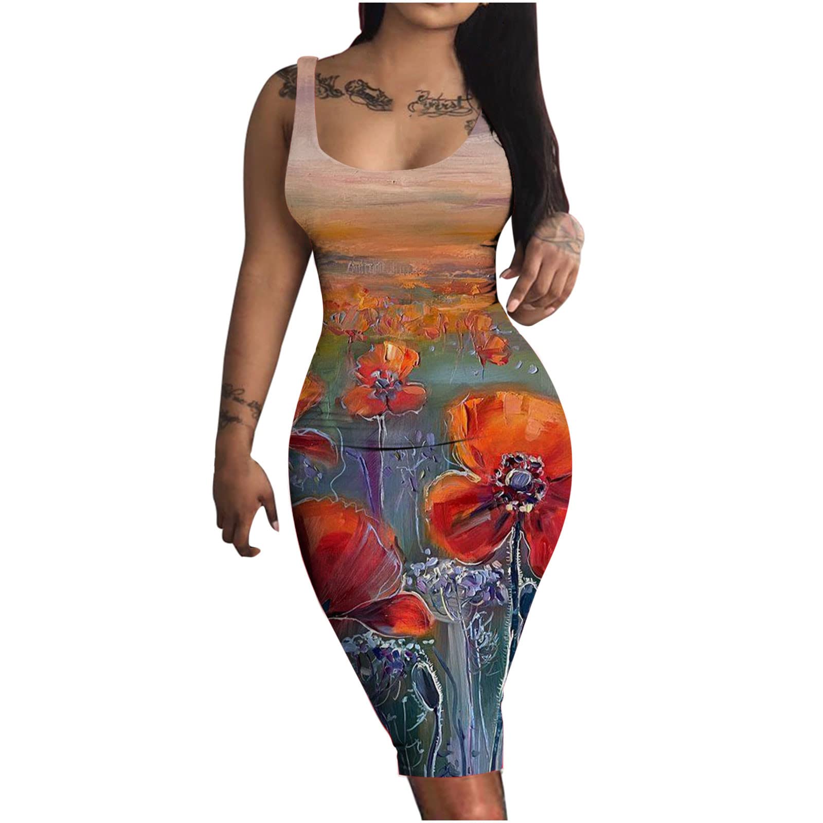 Maqroz Women's Summer Dresses - Sexy Floral Print Round Neck Sleeveless Bodycon Midi Dress | Perfect for Beach, Club, Date Night & Casual Outings