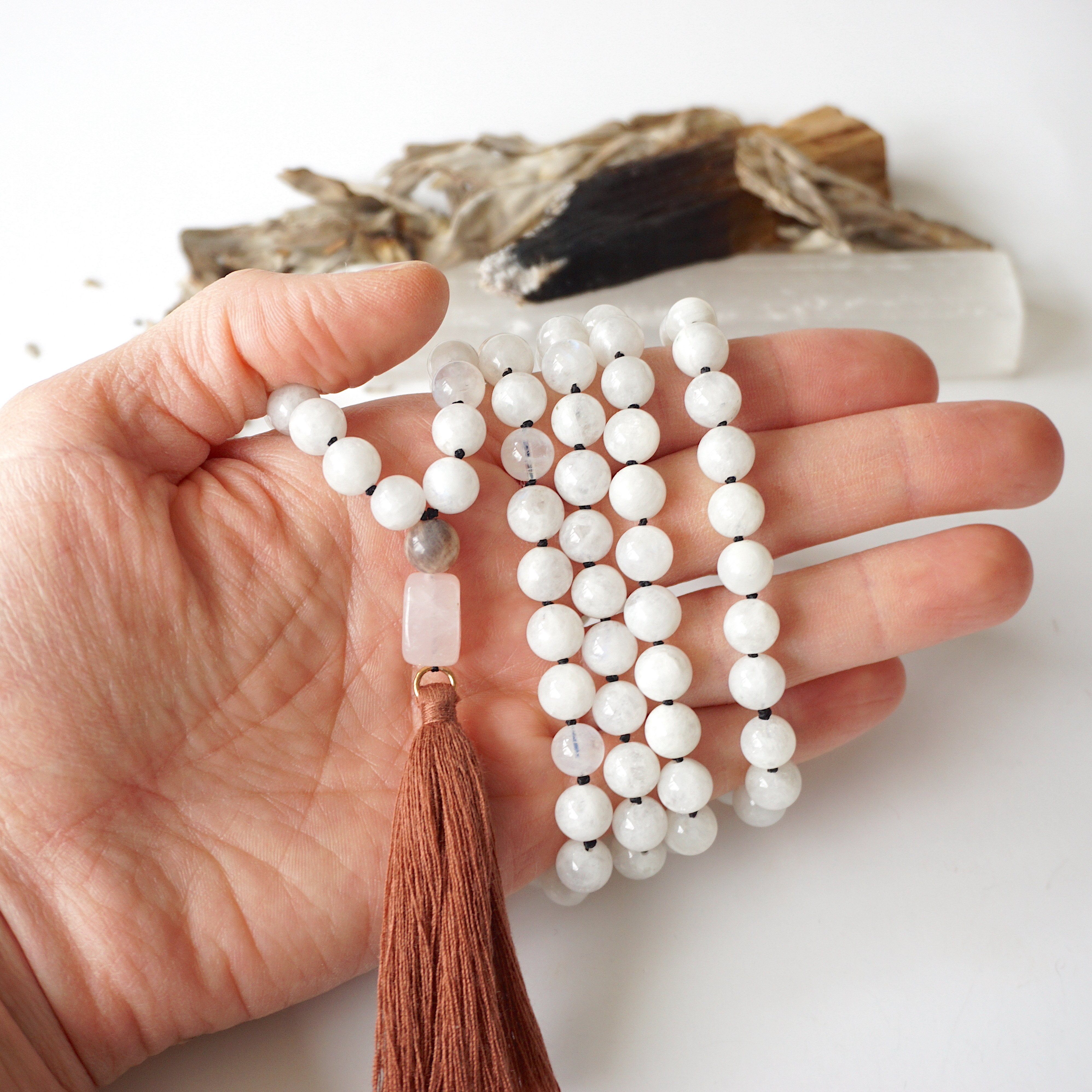Moonstone and Rose Quartz Mala Necklace - Healing Crystal Beads for Meditation, Yoga & Spiritual Balance | Perfect for Mindfulness Practice & Stress Relief