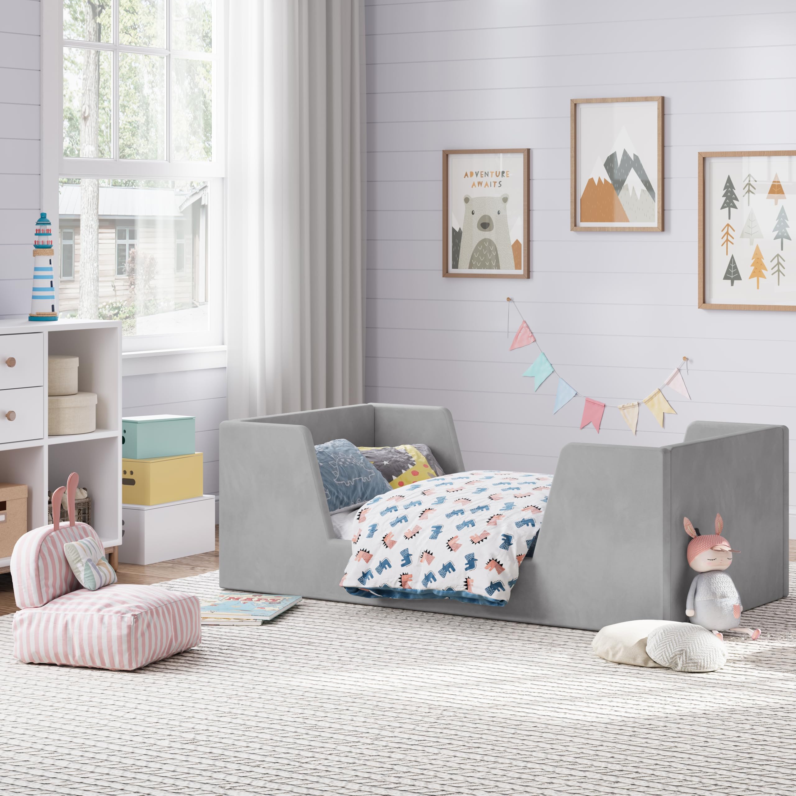 **Toddler Floor Bed Frame with Guard Rails for Kids Ages 2-6 - Safe & Certified Fabric Bed for Boys & Girls - Fits Standard Crib Mattress - Perfect for Montessori Bedrooms & Cozy Nap Spaces**