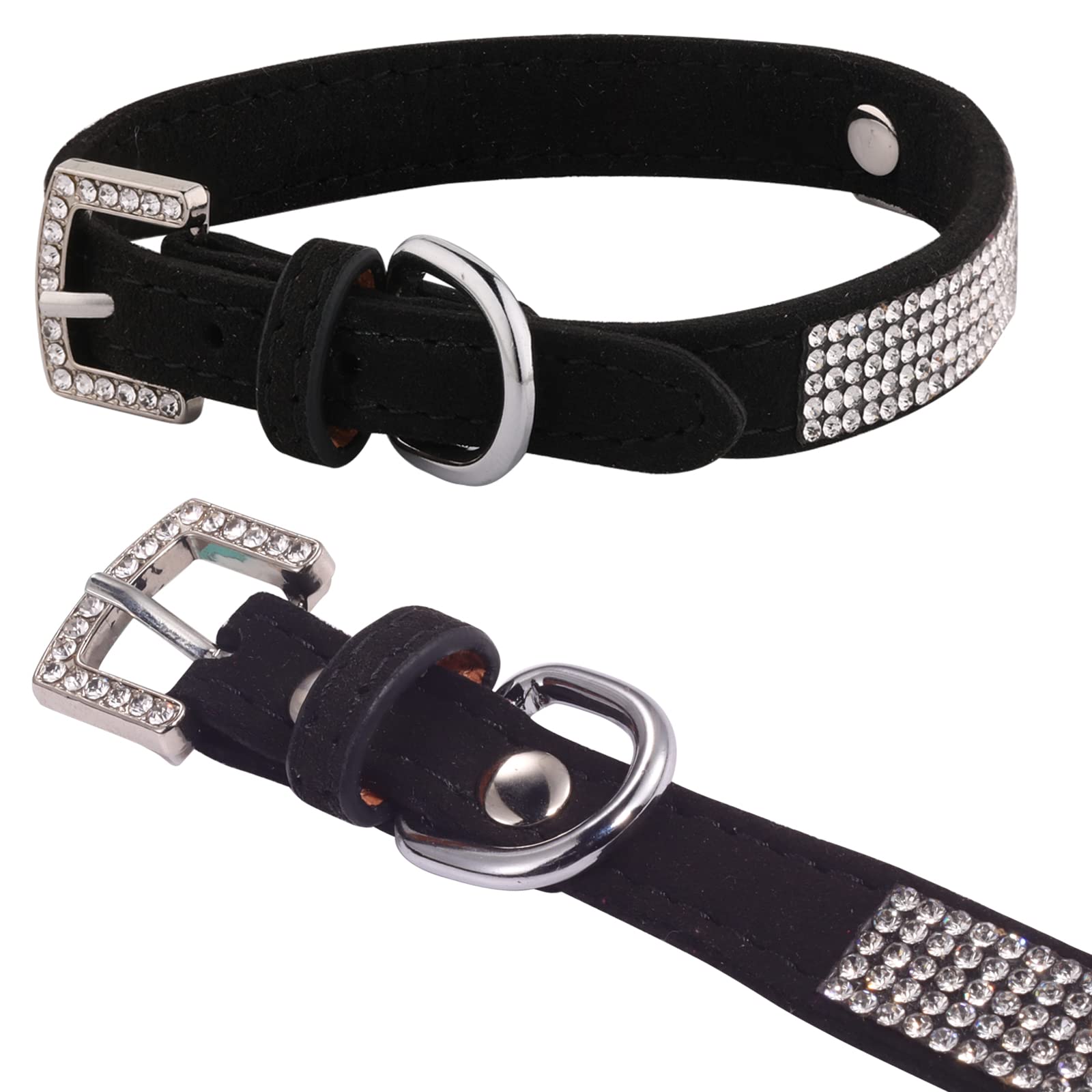 Luxury Sparkly Silver Buckle Rhinestone Crown Velvet Leather Pet Collar for Small Dogs & Cats - Elegant Bling Diamond Decoration for Puppies & Kittens (Size S, Black) | Perfect for Daily Walks, Grooming & Special Occasions