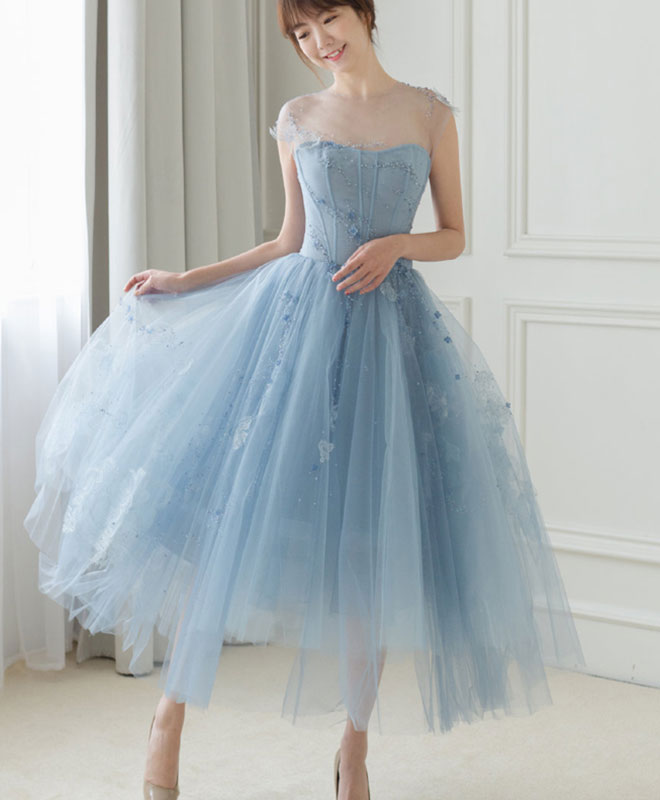 Elegant Blue Tulle Short Prom Dress with Lace Beading - Perfect for Homecoming, Prom Night & Special Occasions
