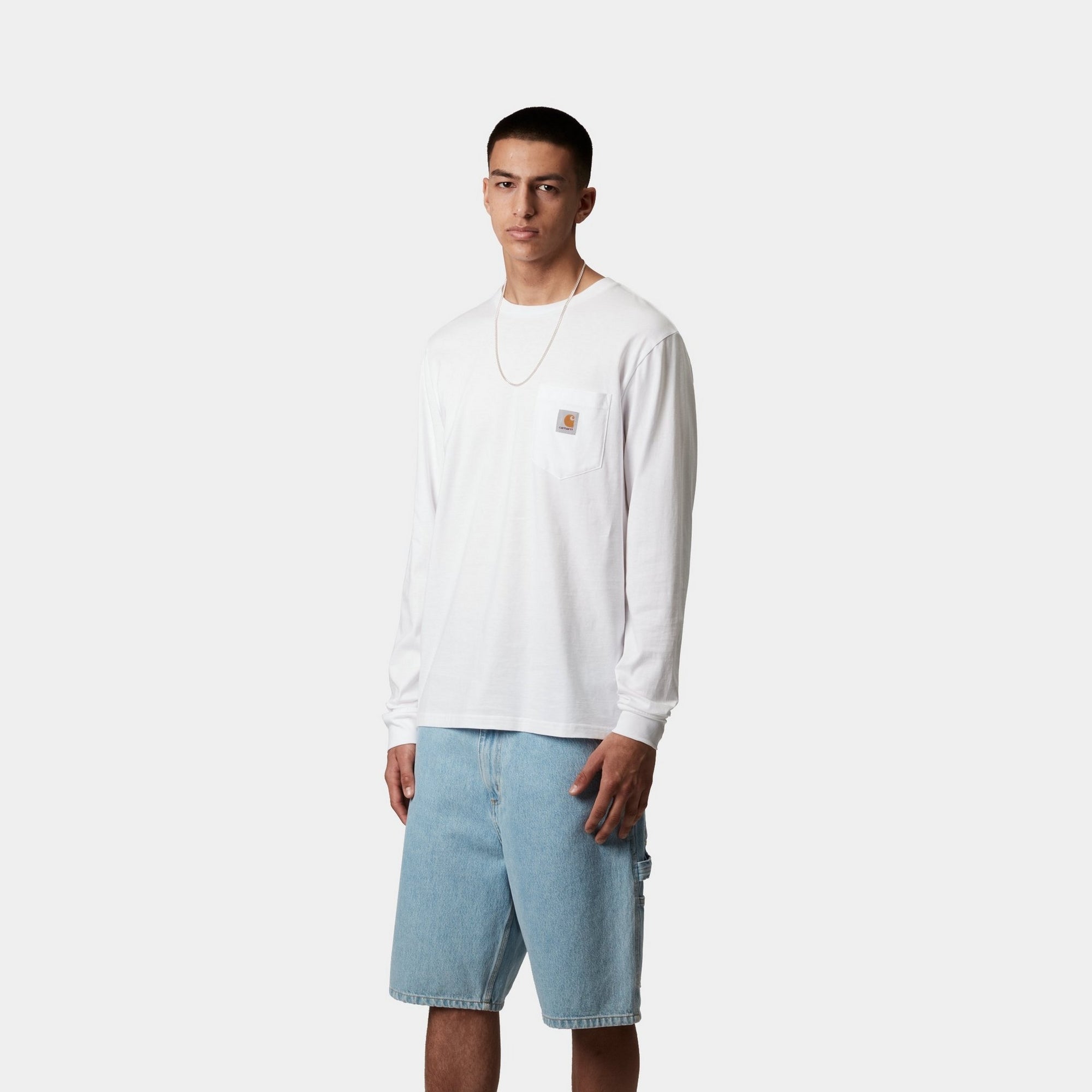 Premium Long Sleeve Pocket T-Shirt for Men - Comfortable Cotton Crew Neck Casual Shirt - White - Ideal for Work, Travel & Everyday Wear