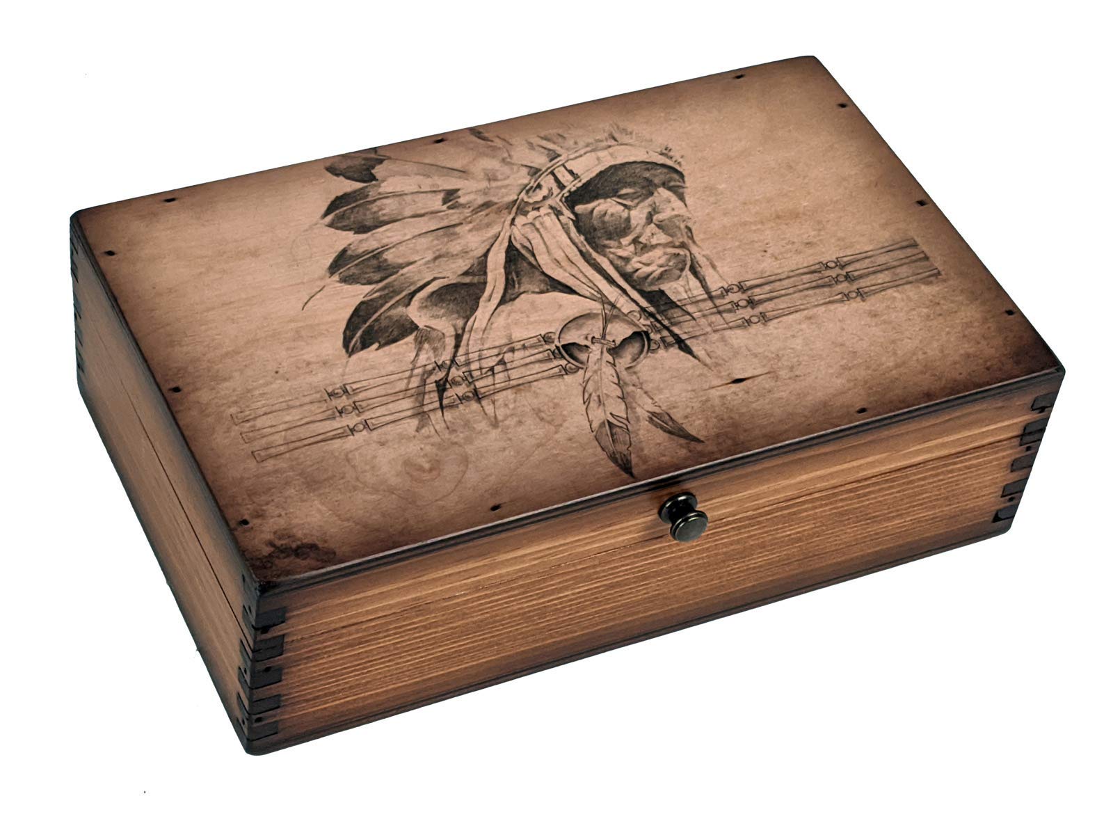 Handmade American Indian Chief Medium Wood Box - Authentic Native American Craftsmanship for Home Decor & Jewelry Storage