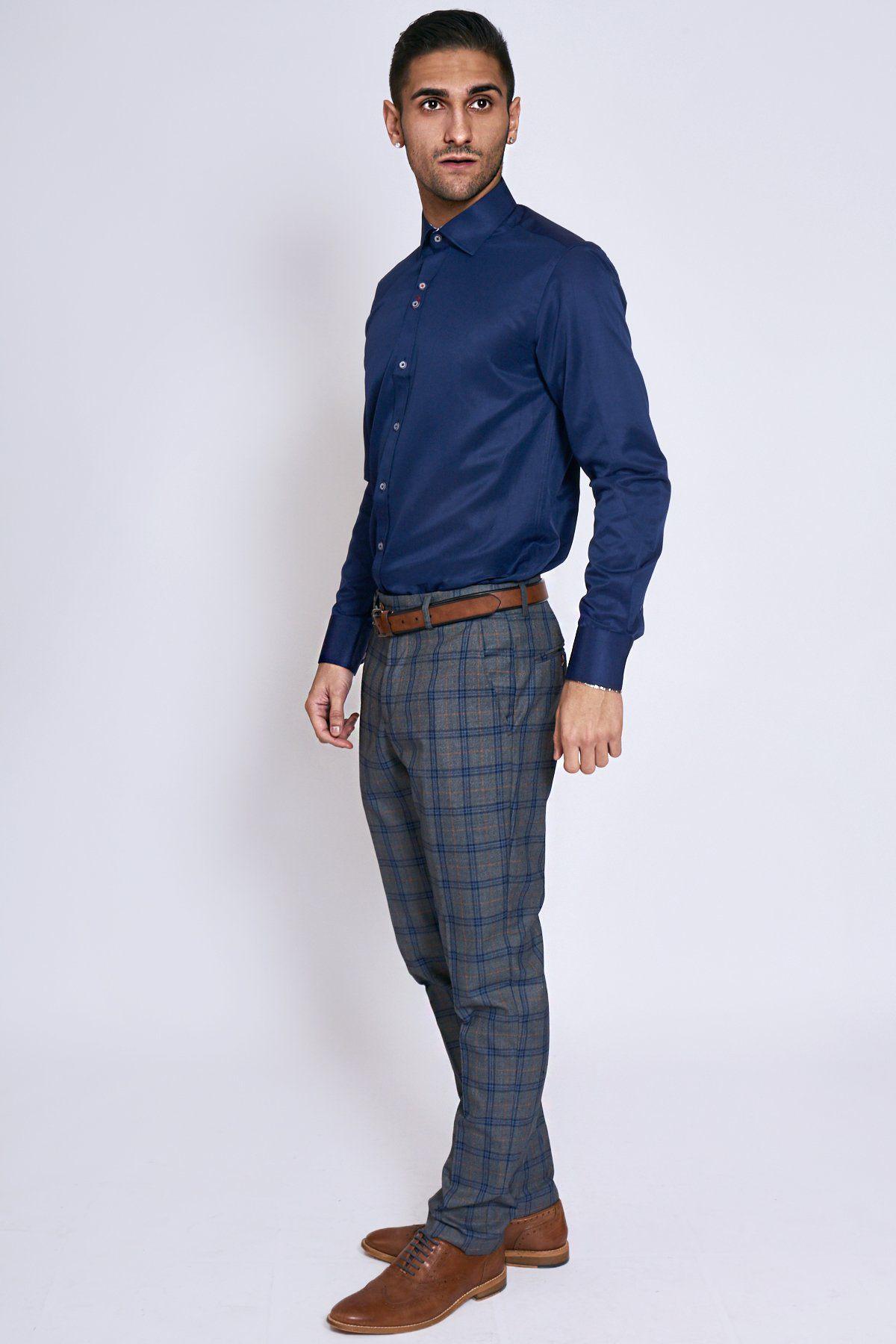 ALFIE Men's Navy Blue Long Sleeve Casual Shirt - Slim Fit Button Down Dress Shirt for Office, Business, and Formal Occasions