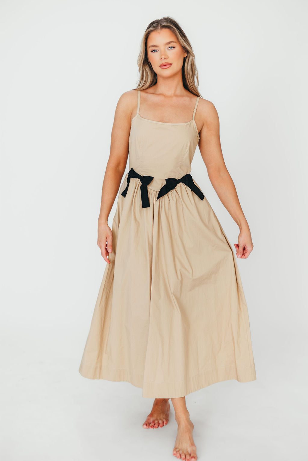 Elegant Celeste Square Neck Midi Dress with Bow Detail in Khaki - Perfect for Weddings, Parties & Summer Outfits