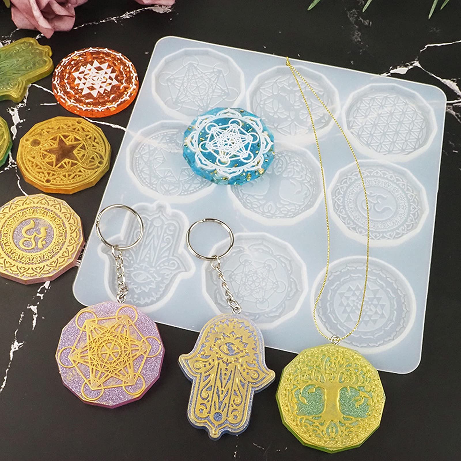 7 Chakra Stones Resin Molds - Mandala Keychain & Flower of Life Pendant Silicone Molds for DIY Jewelry Making, Crystal Casting, Wall Decor - Perfect for Meditation, Yoga Gifts & Spiritual Home Decor