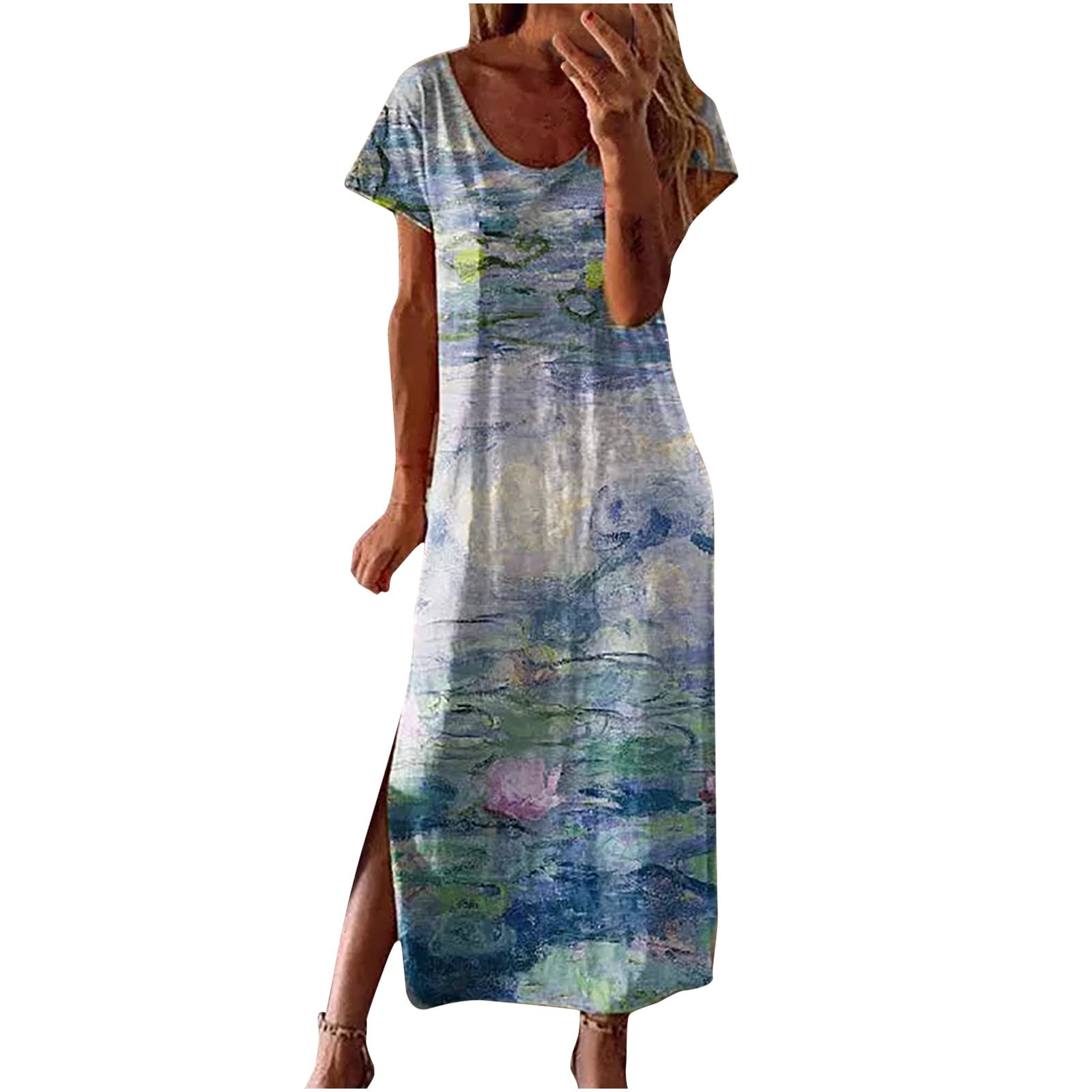 Vintage Floral Print Women's Long Maxi Dress - Summer Beach Sundress with Split & Short Sleeves | Perfect for Vacation, Boho Outfits & Casual Wear