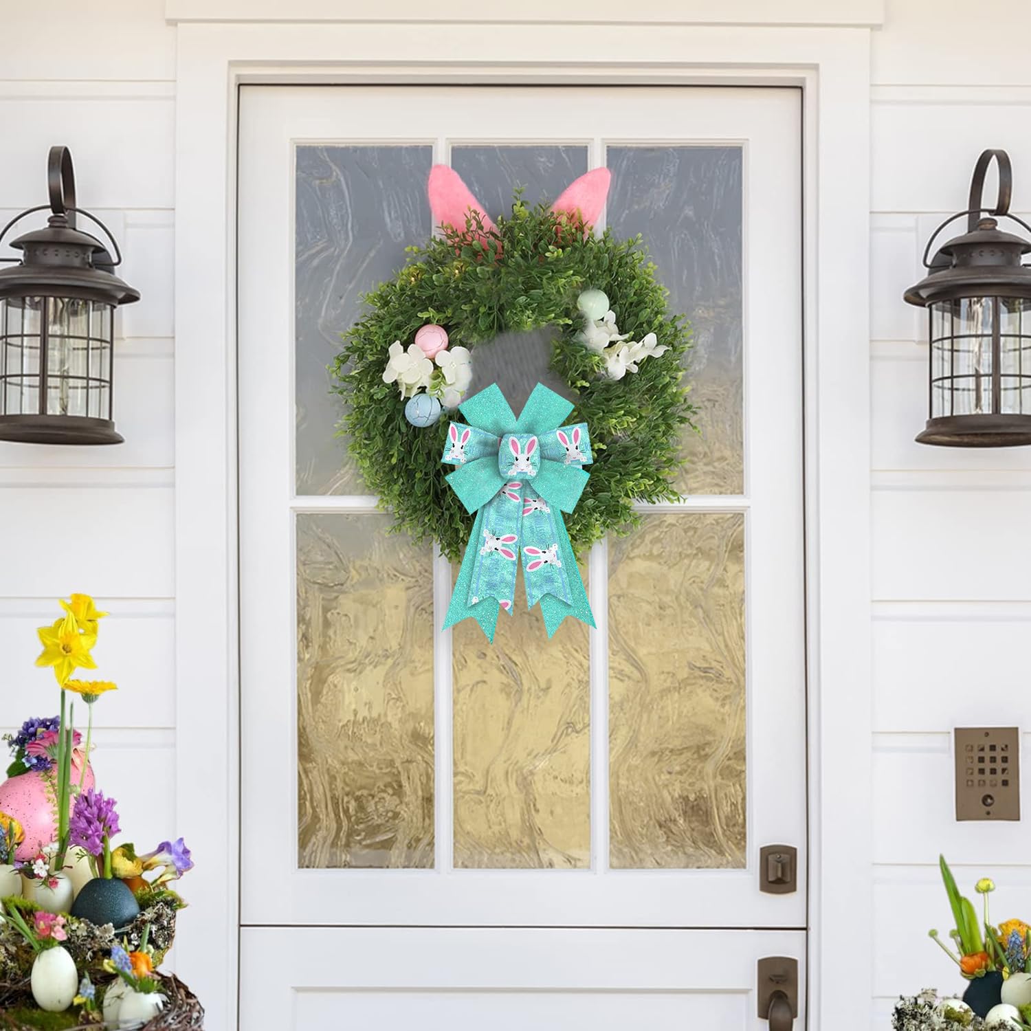 2 Pack Glitter Blue Burlap Easter Bows for Wreaths - Cute Bunny Craft Bows for Spring Door Decor, Easter Party, Birthday Celebration & Home Decoration