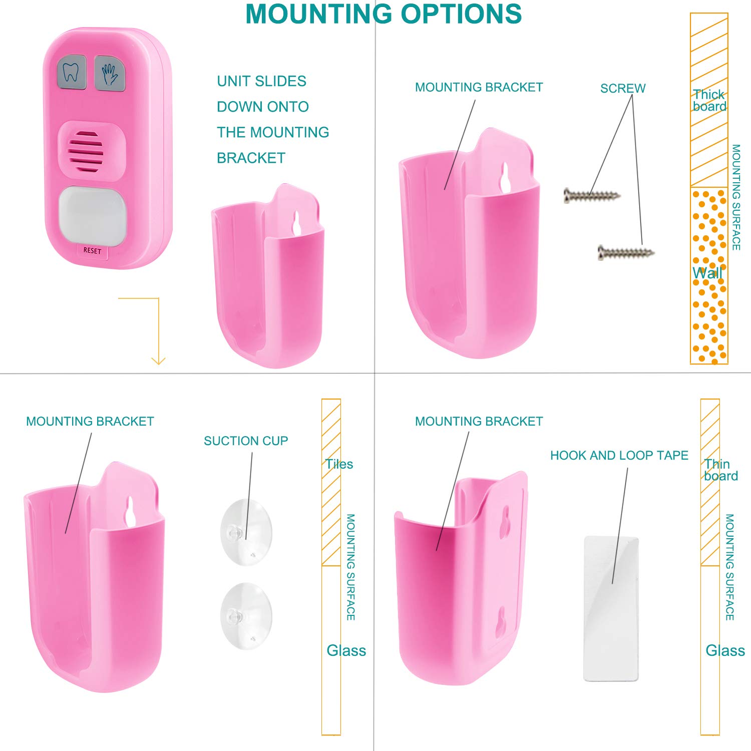 BIGMONAT Kids Hand Washing & Teeth Brushing Timer - Musical Bathroom Training Coach with 12 Songs, Adjustable Volume, Stick-On Design (Pink) - Perfect for Toddler Hygiene Routines & Bathroom Learning