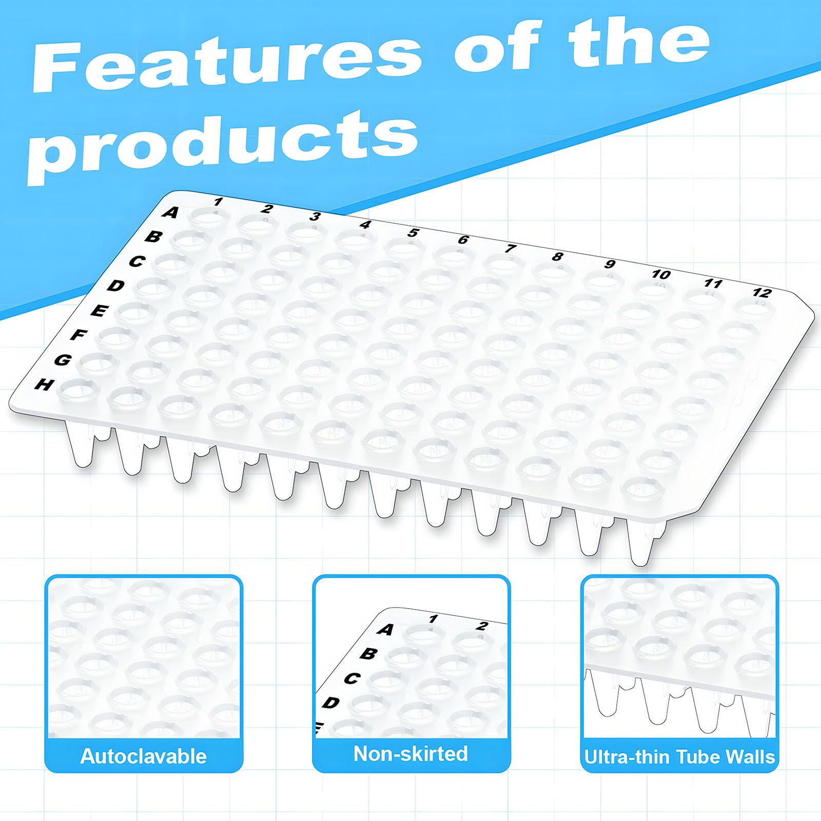 0.1ml 96-Well PCR Plates, Non-Skirted, Clear Polypropylene PCR Plate - 100 Plates Ultra-Thin Wall Tubes, DNase/RNase Free - Ideal for PCR, qPCR, and Molecular Biology Experiments