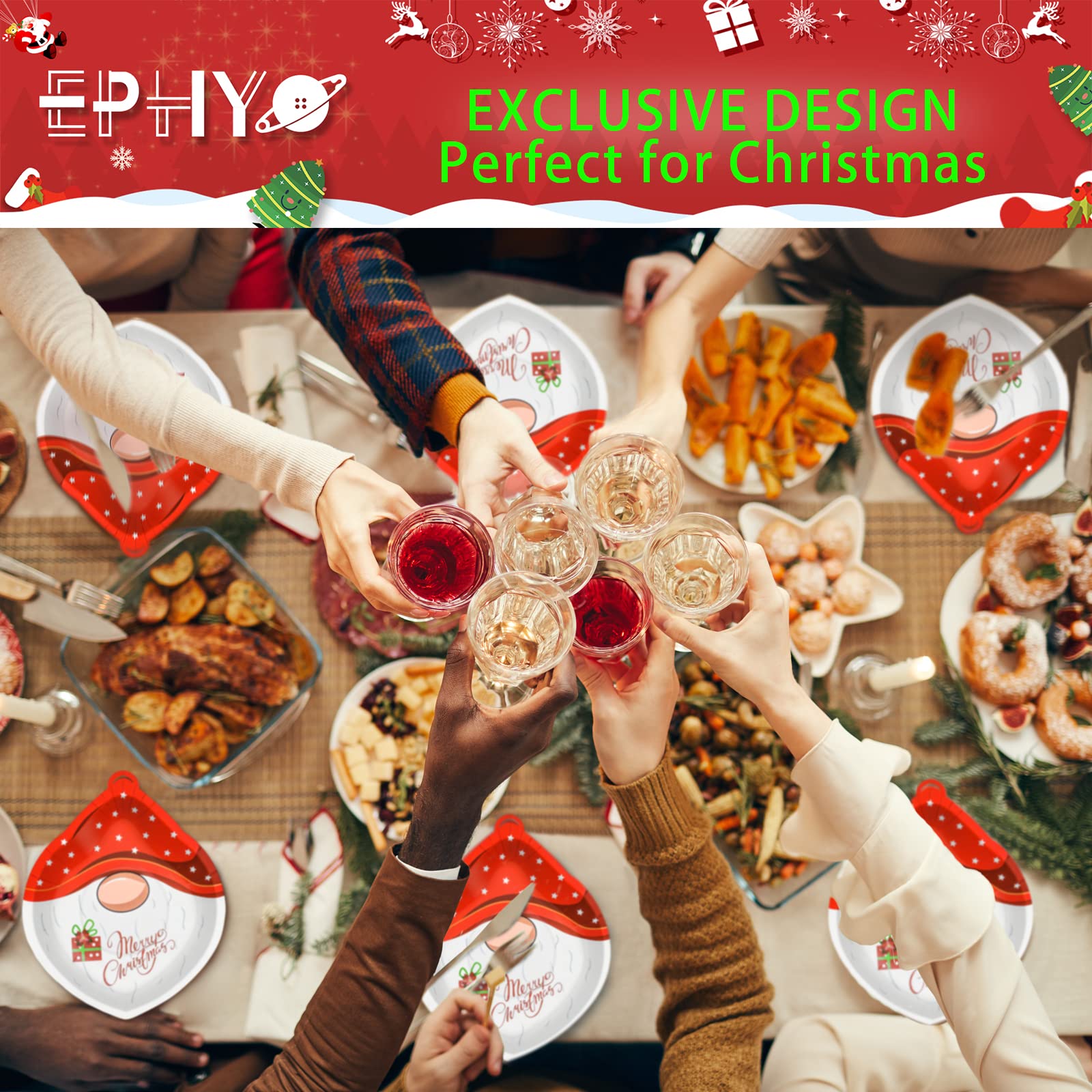 EPHYO 50 Count Christmas Paper Plates with Cute Gnome Design - Disposable Oval Dinner Plates for Holiday Parties, Desserts, Salads & Appetizers | Perfect for Christmas Dinner, Cookie Exchange & Festive Gatherings