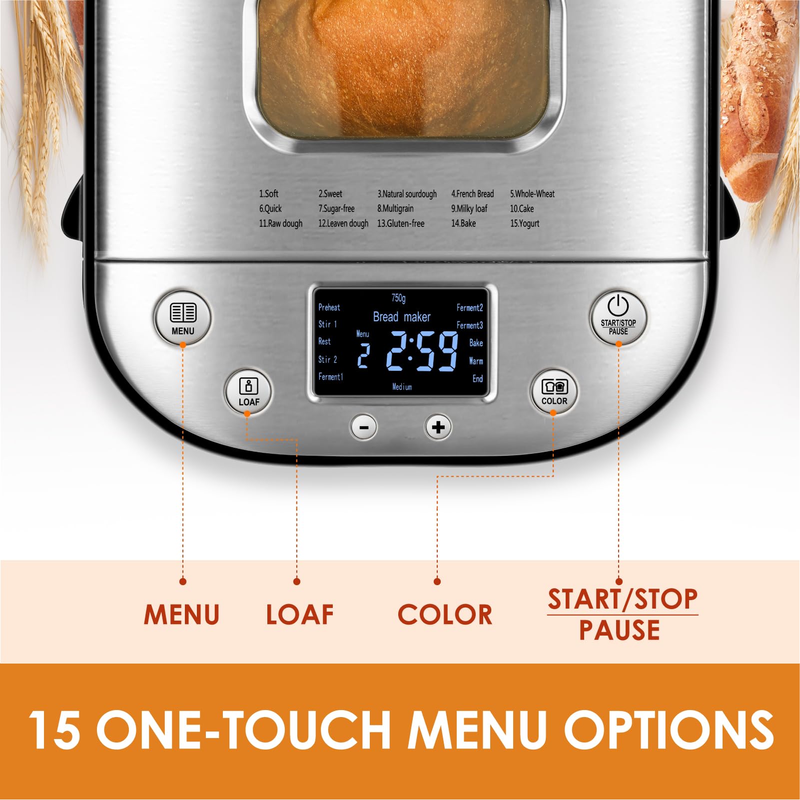 **Automatic Bread Maker Machine with Gluten-Free Setting – 1LB, 1.5LB, 2LB Capacity – 15-in-1 Stainless Steel Breadmaker with Homemade Cycle & Recipes – Perfect for Gluten-Free, Whole Wheat, and Artisan Bread Baking at Home (Silver)**