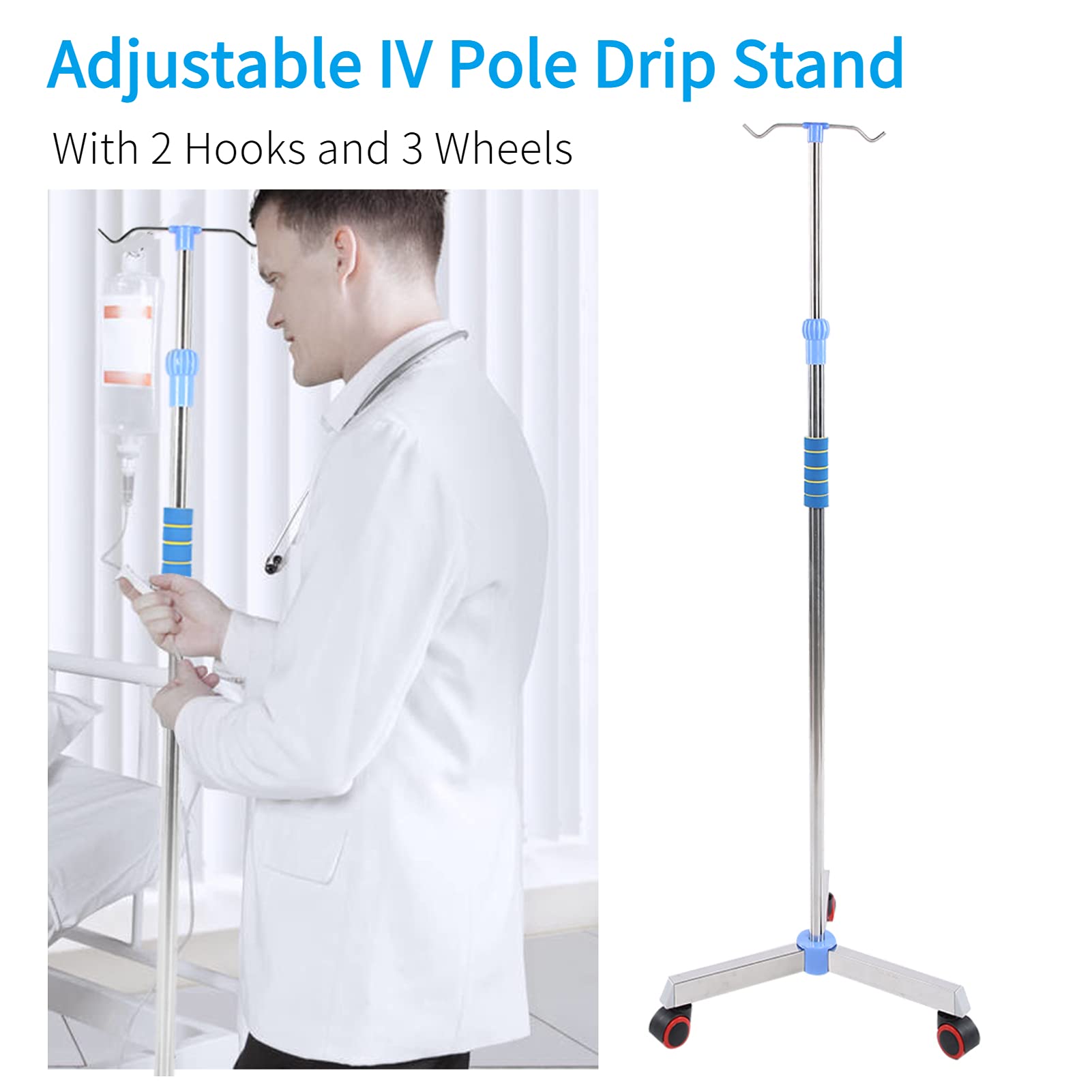 Adjustable IV Drip Stand 42.9-80.7 Inches with 2 Hooks & Wheels - Stainless Steel IV Pole for Hospital, Clinic & Home Care - Perfect for Medical Infusion Therapy & Patient Mobility