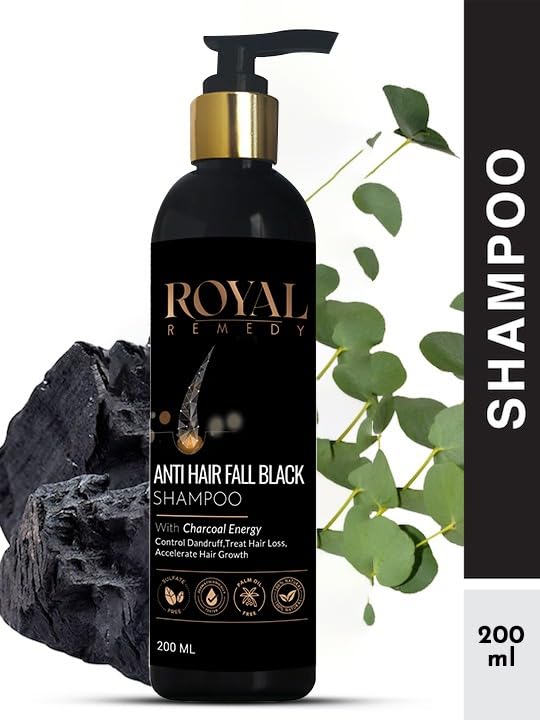 Royal Remedy Anti-Hair Fall Charcoal Shampoo - Black & Energy Formula for Dandruff Control, Hair Loss Treatment & Faster Growth with Plant Keratin | 200ml for Men & Women | Daily Use for Stronger, Healthier Hair at Home & Salon