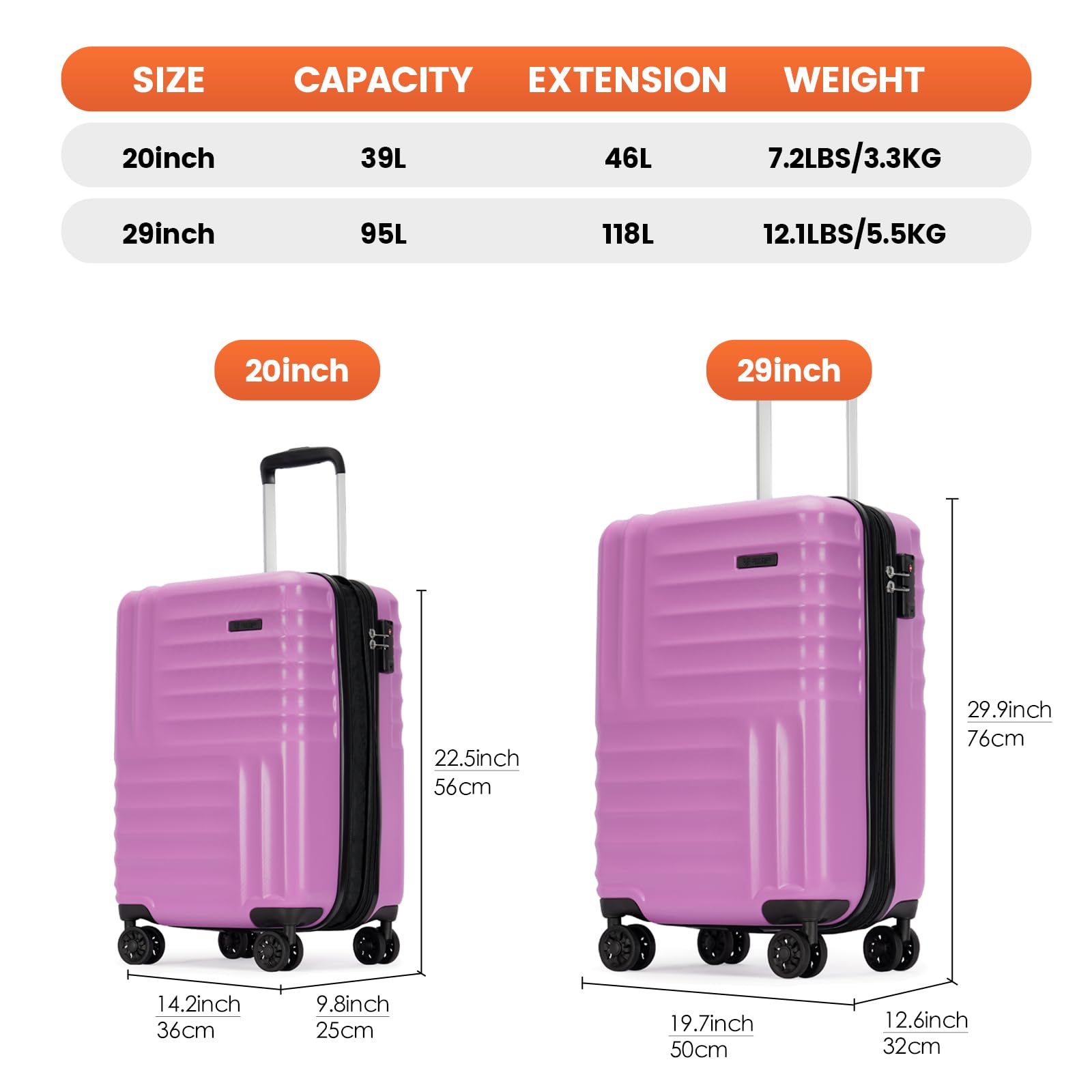 GinzaTravel 2-Piece Expandable Hardside Luggage Set with 4 Spinner Wheels, TSA Lock - Durable PC+ABS Suitcases (Purple, 20