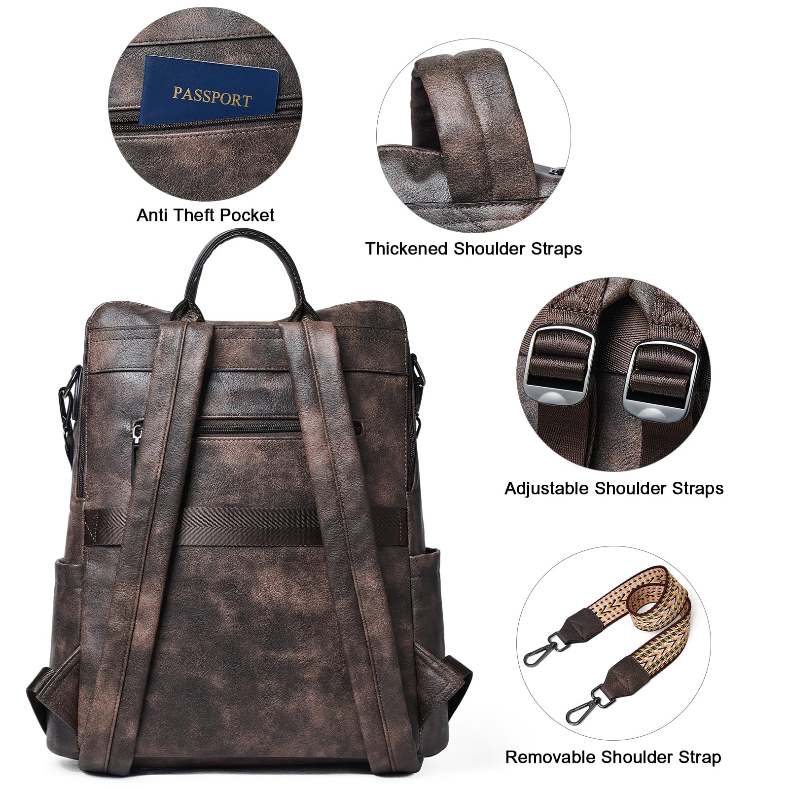 Shrrie 15.6 Inch Leather Laptop Backpack for Women - Large Water Resistant Travel Backpack Purse, Stylish Two-Toned Coffee Design for College, Work, and Everyday Use