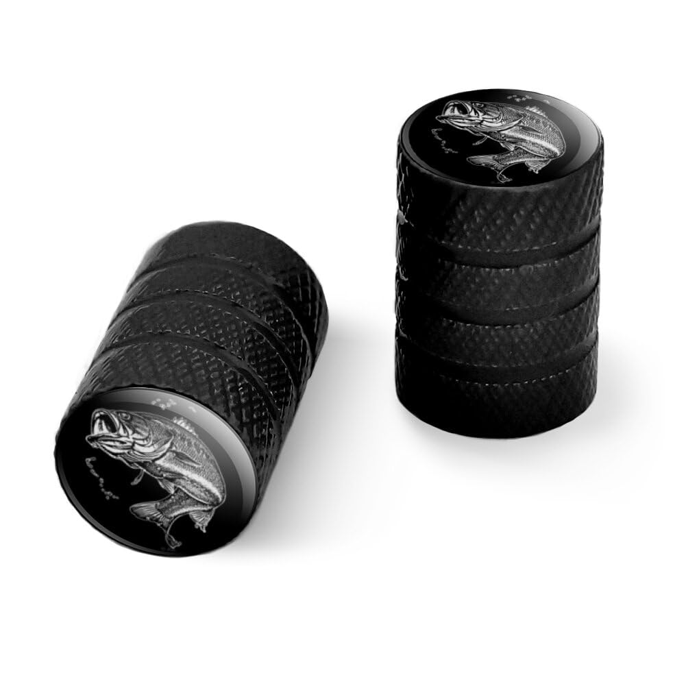 Premium Black Aluminum Valve Stem Caps for Motorcycle & Bicycle Wheels - Largemouth Bass Fishing Design - Perfect for Outdoor Enthusiasts and Bike Accessories
