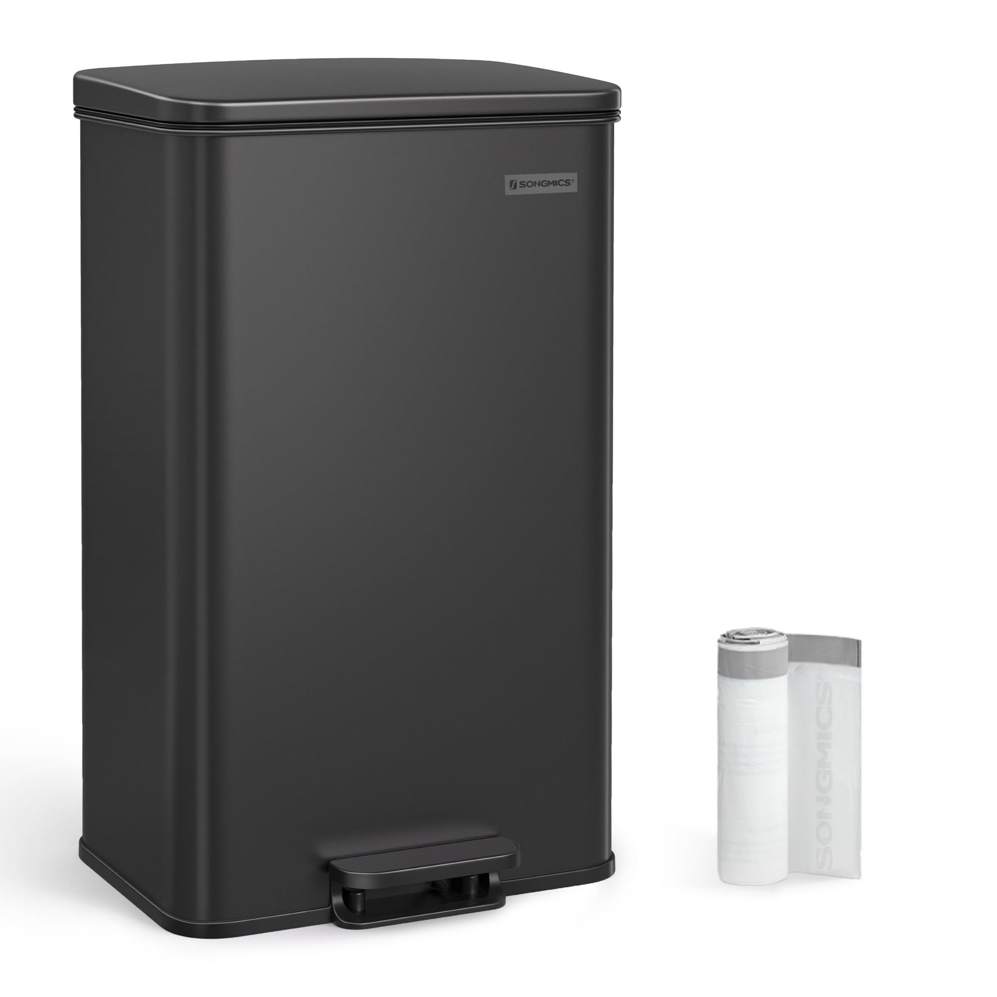 SONGMICS 10.5 Gallon (40L) Stainless Steel Step Trash Can with Soft Close Lid - Large Kitchen Garbage Bin, Includes 15 Trash Bags, Black ULTB540B40 - Perfect for Home, Office, Restaurant & Commercial Use