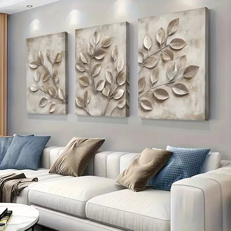 3-Piece Metallic Leaf Branch Triptych Wall Art Set - Framed Canvas 40x60cm (16x24in) - High Quality Print - 100% Australian Made - Ready to Hang - Perfect for Living Room, Bedroom & Office Decor